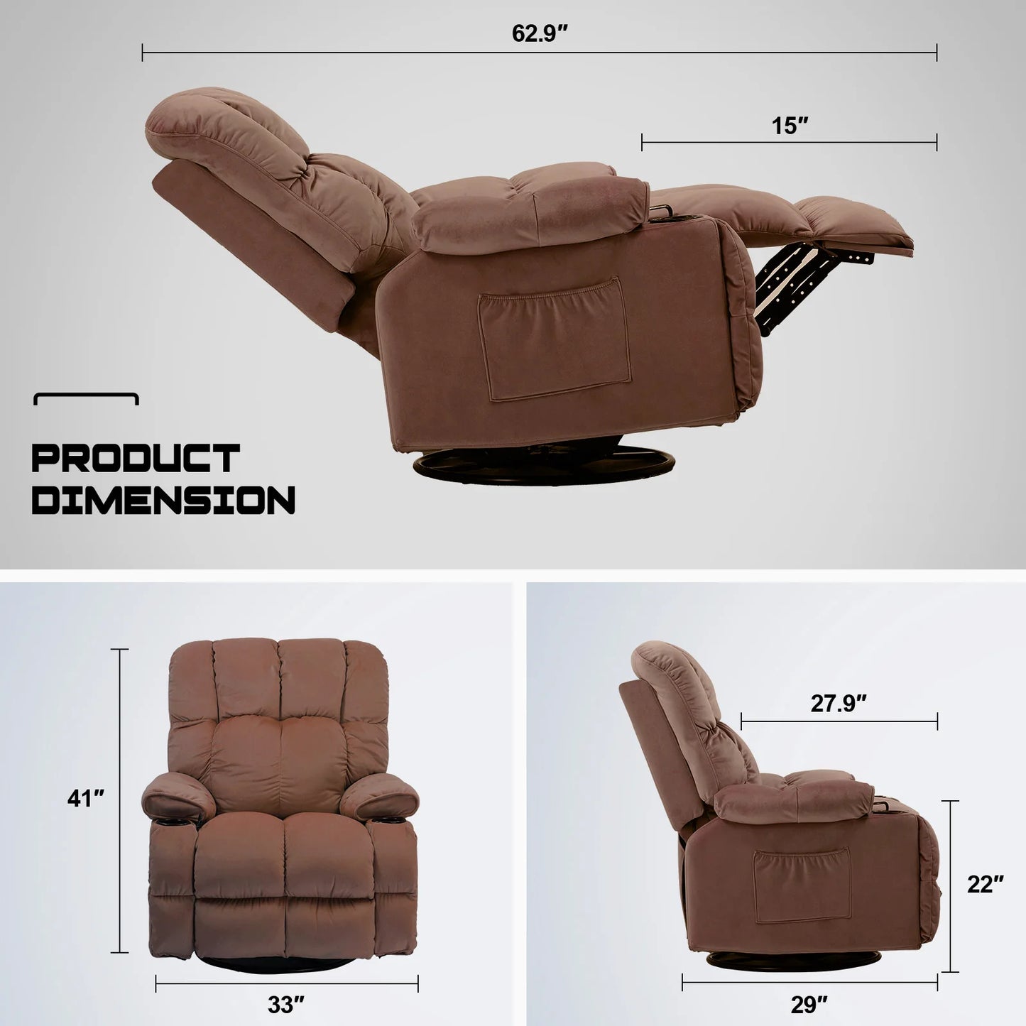 Comhoma Recliner Chair, Swivel Rocker Recliner with Cup Holders, Heat and Massage