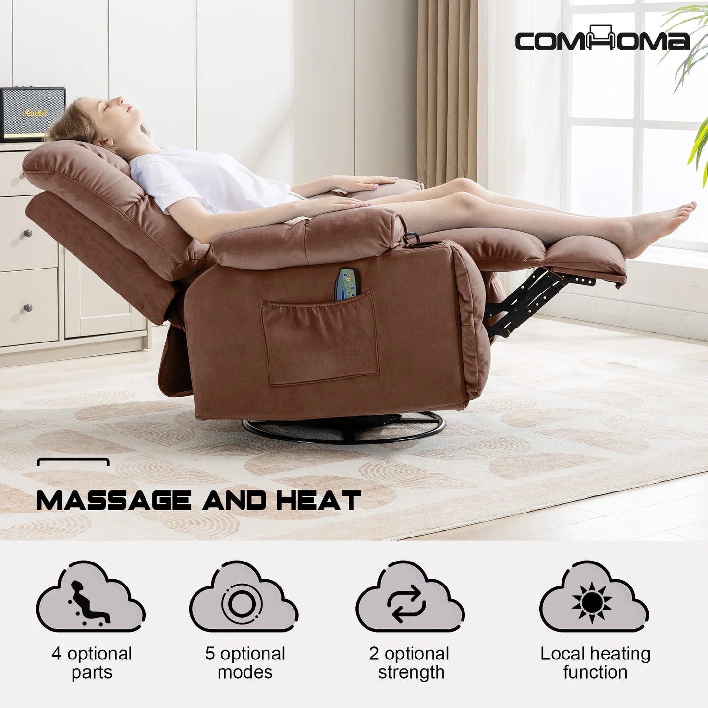 Comhoma Recliner Chair, Swivel Rocker Recliner with Cup Holders, Heat and Massage