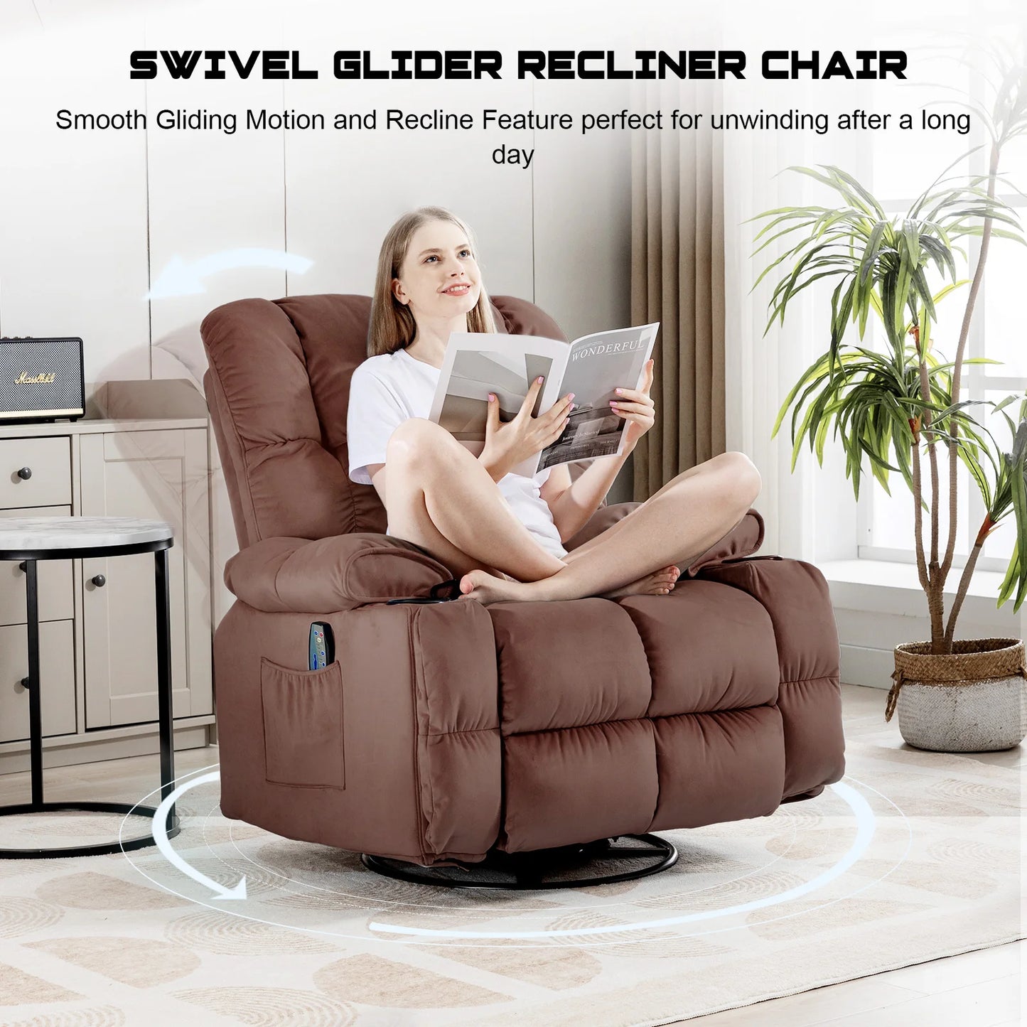 Comhoma Recliner Chair, Swivel Rocker Recliner with Cup Holders, Heat and Massage