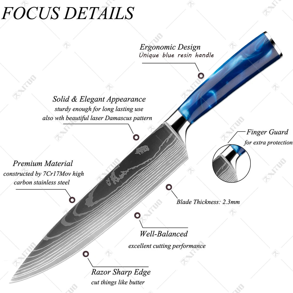 Stainless Steel Kitchen Knife 8PCS Set Blue Resin Handle Sharp Slicer Cleaver knife Damascus Laser Pattern With Knife Holder