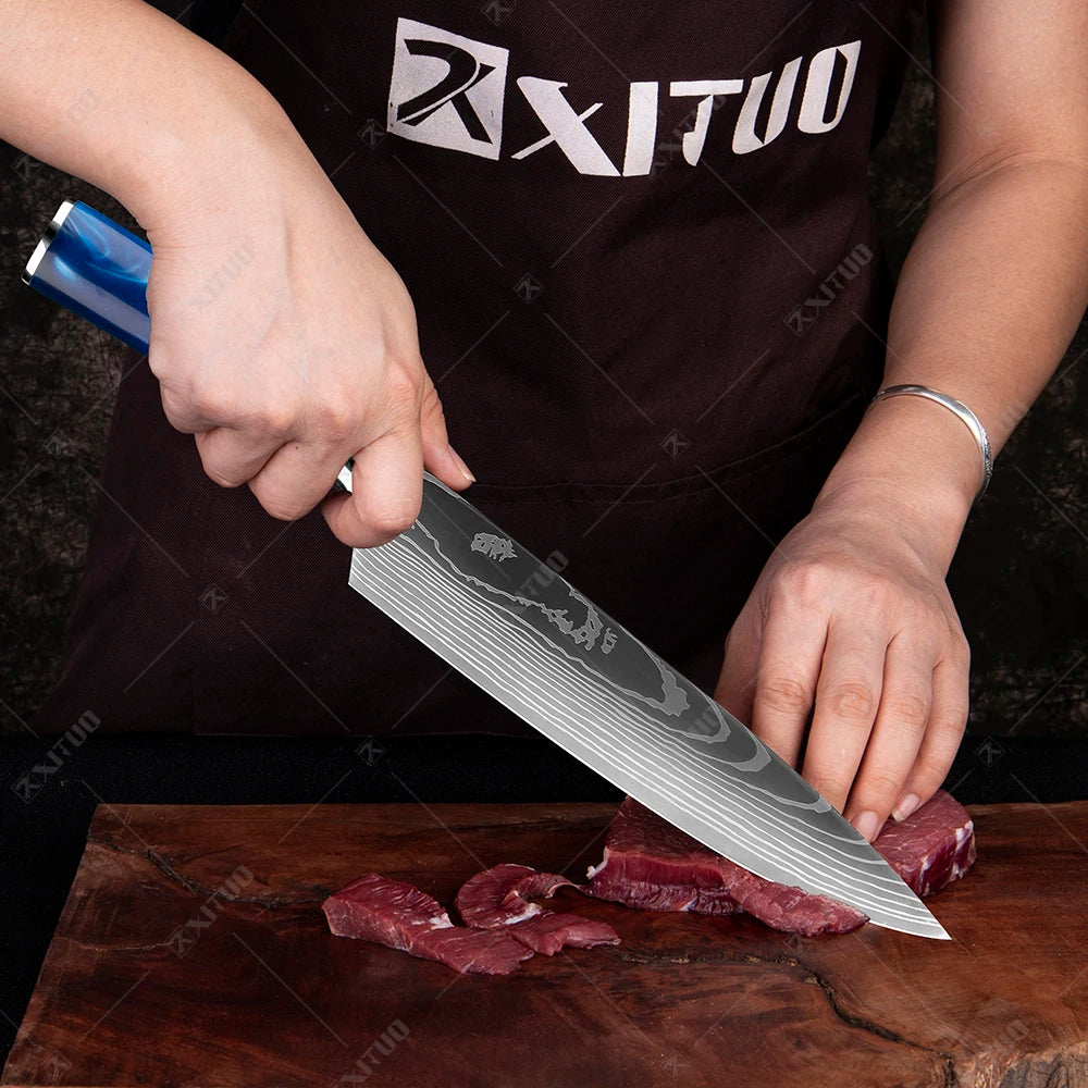 Stainless Steel Kitchen Knife 8PCS Set Blue Resin Handle Sharp Slicer Cleaver knife Damascus Laser Pattern With Knife Holder