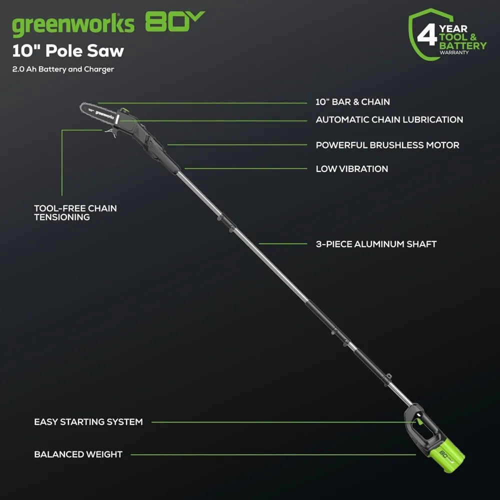 80V 10" Cordless Polesaw (Great For Pruning and Trimming Branches / 75+ Compatible Tools), 2.0Ah Battery and Charger Included