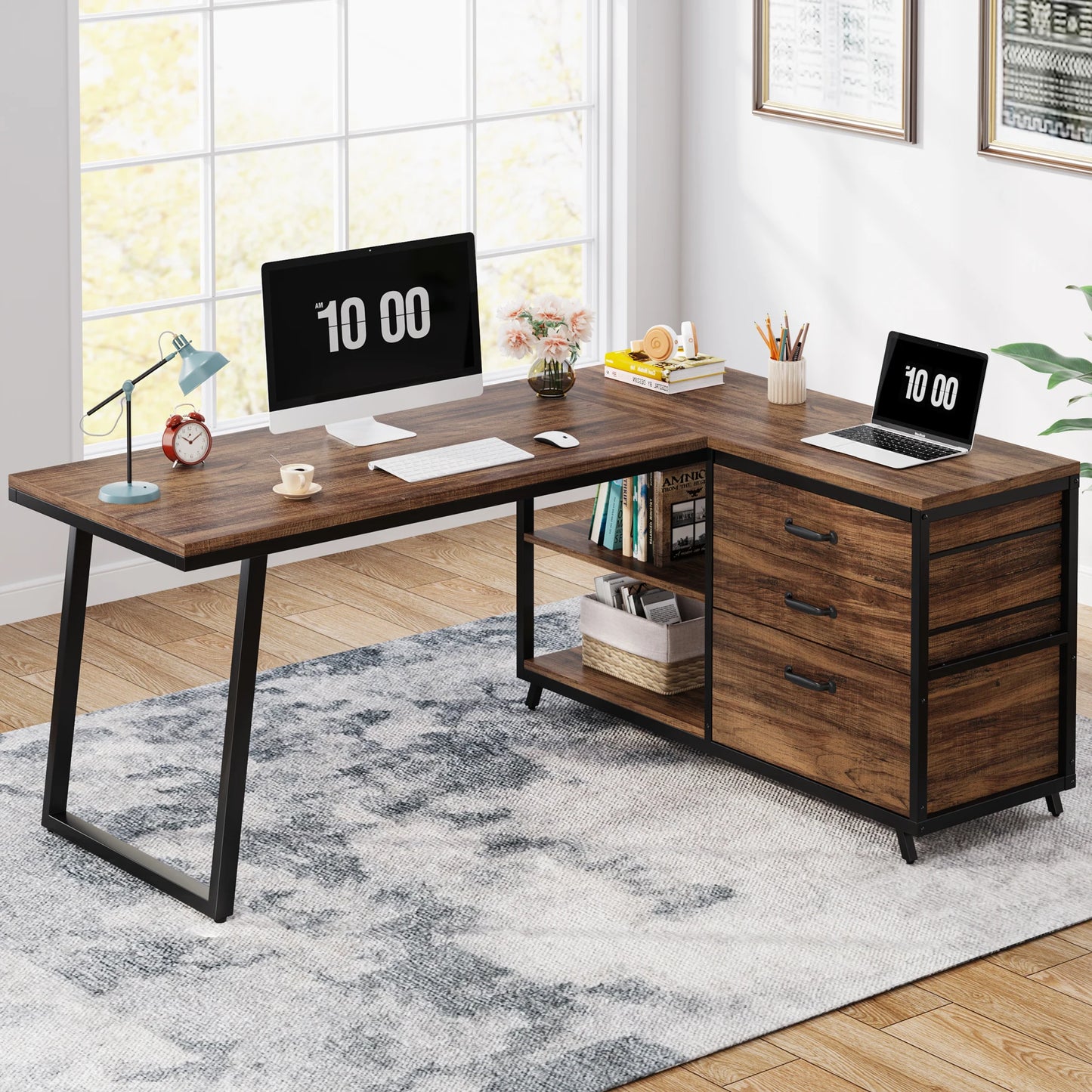 L-Shaped Computer Desk with 3 Reversable Side Drawers