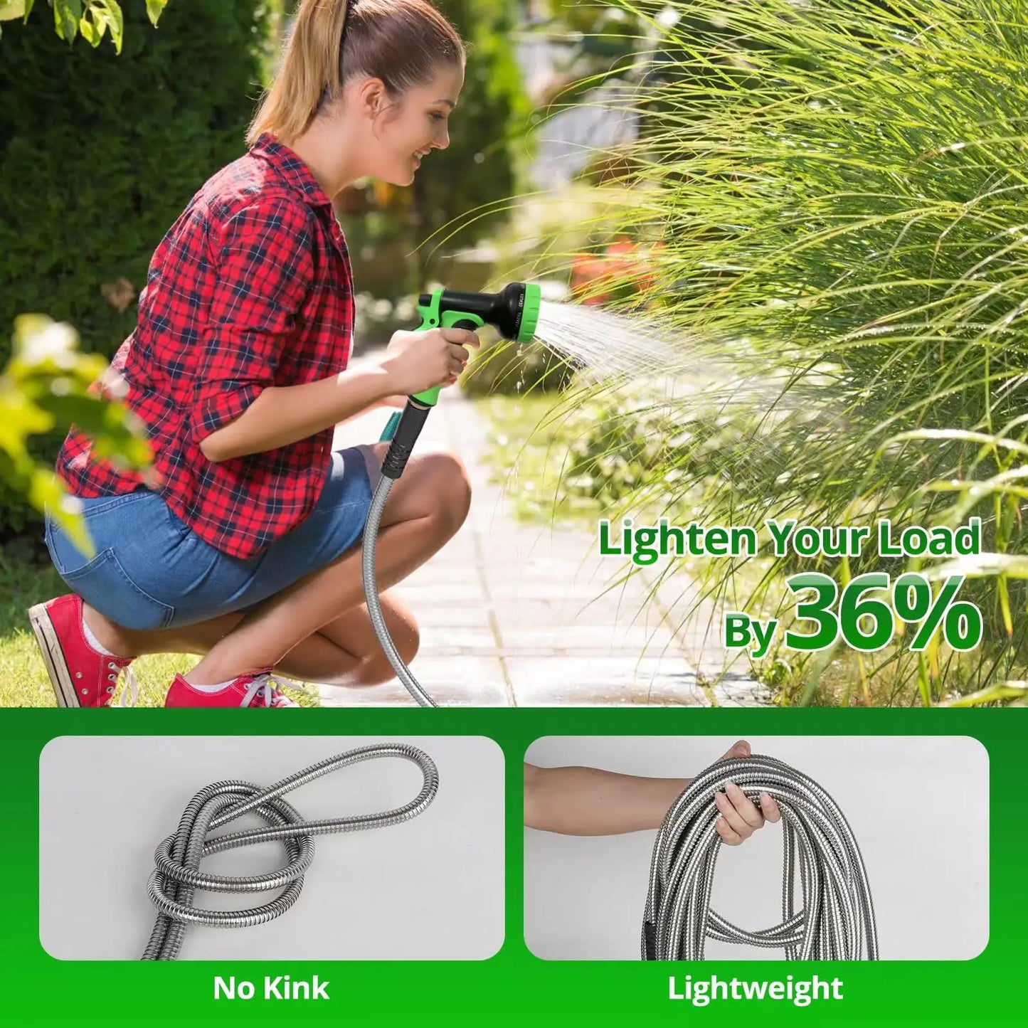 100FT 304 Stainless Steel Garden Hose Metal Heavy Duty Water Hoses with Nozzles for Yard Outdoor Flexible Never Kink & Tangle
