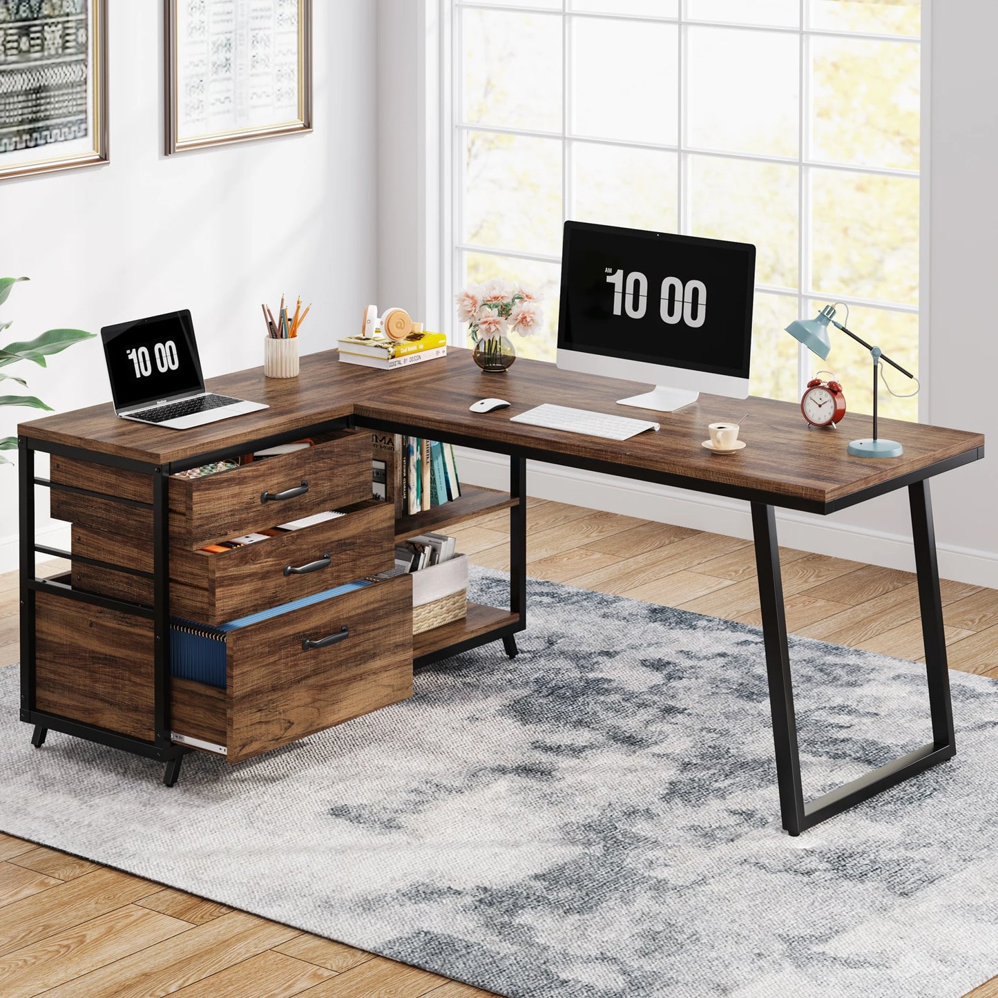 L-Shaped Computer Desk with 3 Reversable Side Drawers