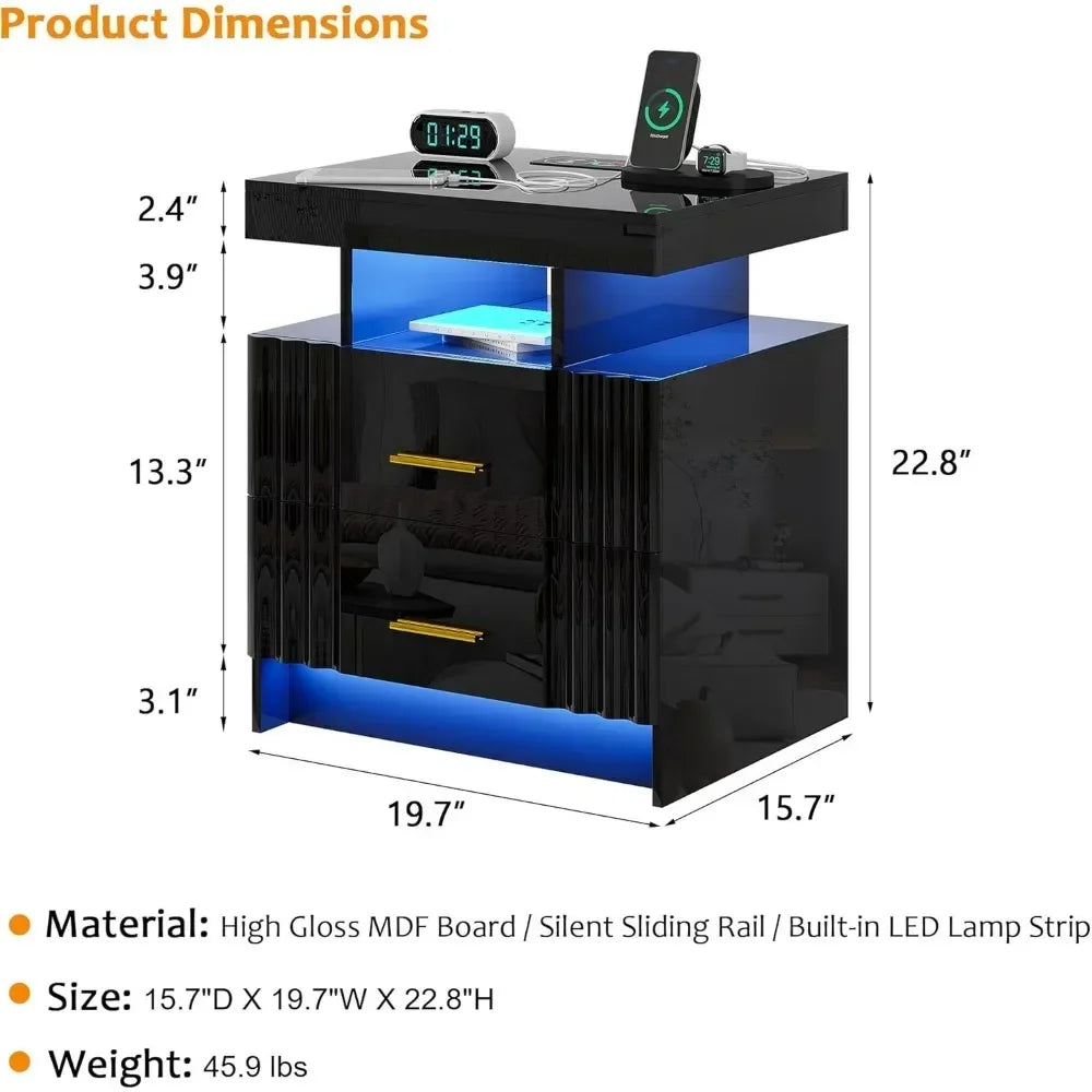 **Smart LED Nightstand Set with Charging Station and Drawers**