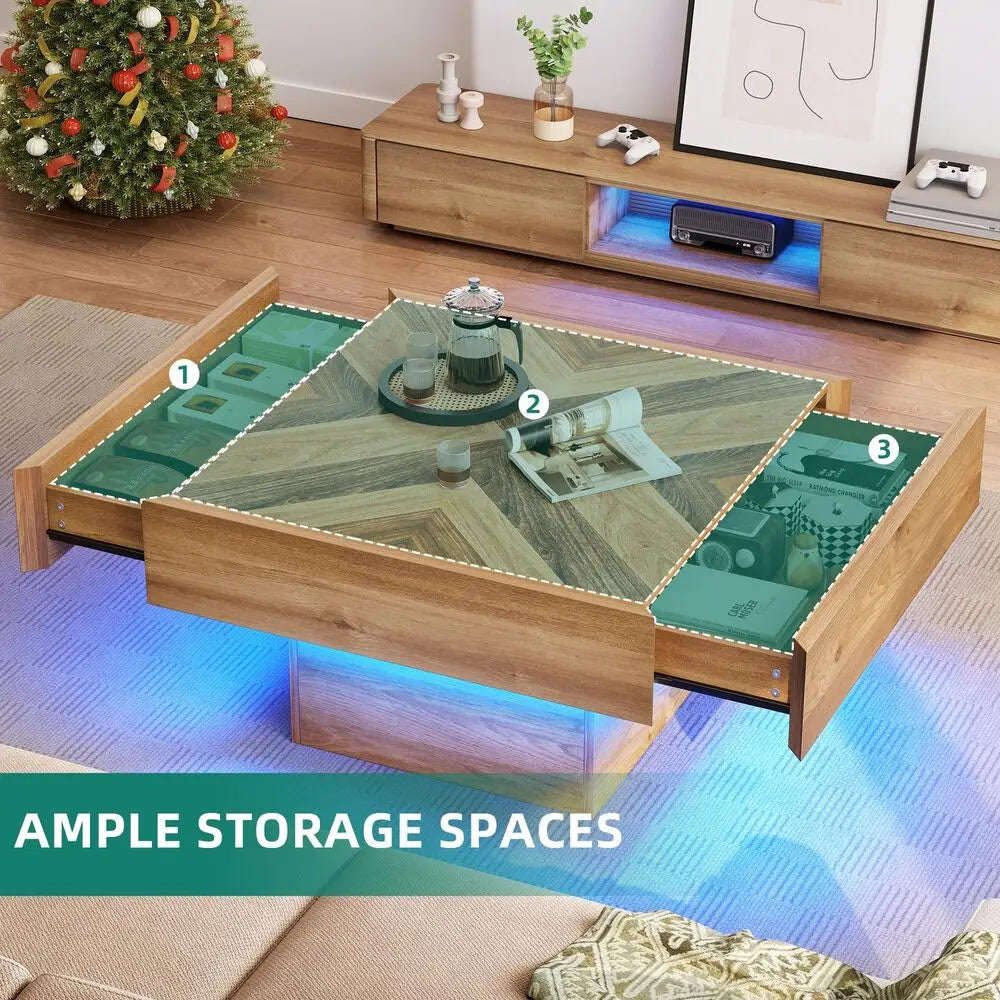 Square LED Coffee Table with 2 Drawers for Modern Living Room