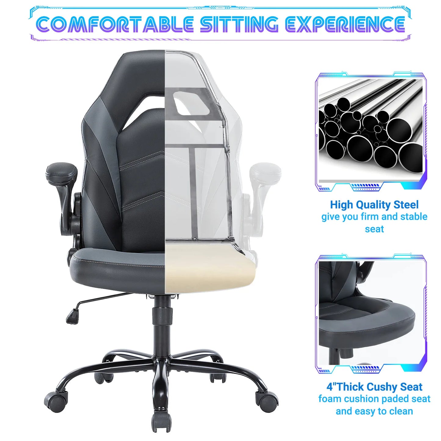 JHK Ergonomic Office Gaming Desk Chair Adjustable PU Leather Racing Chair with Flip-Up Armrests for Home and Office Use