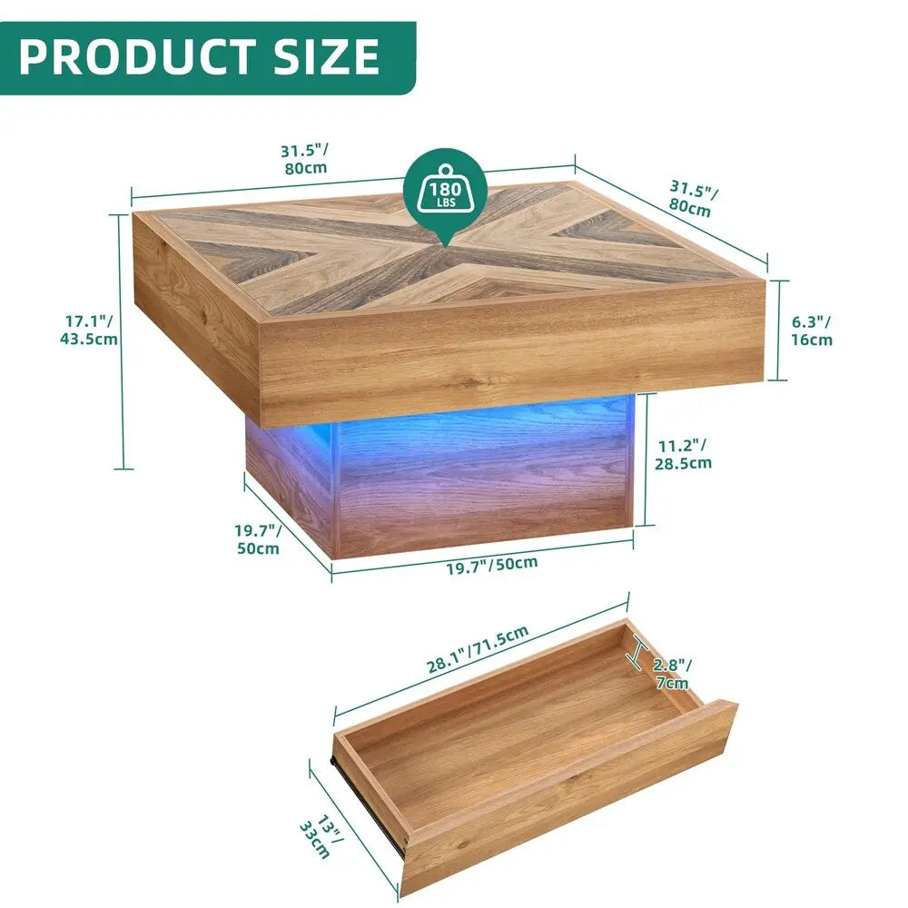 Square LED Coffee Table with 2 Drawers for Modern Living Room