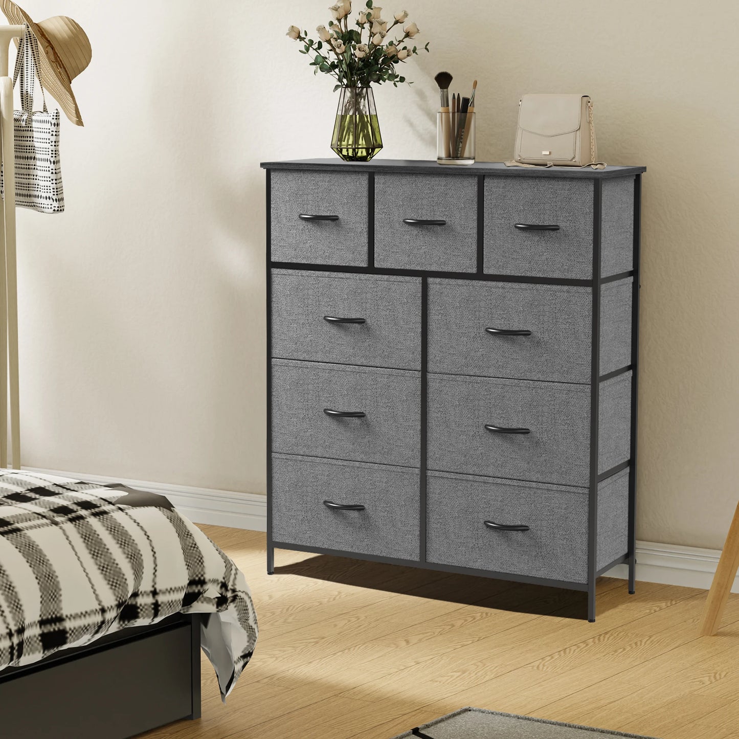 JHK Dresser For Bedroom With 9 Fabric Storage Drawer Wardrobe Tall Chest