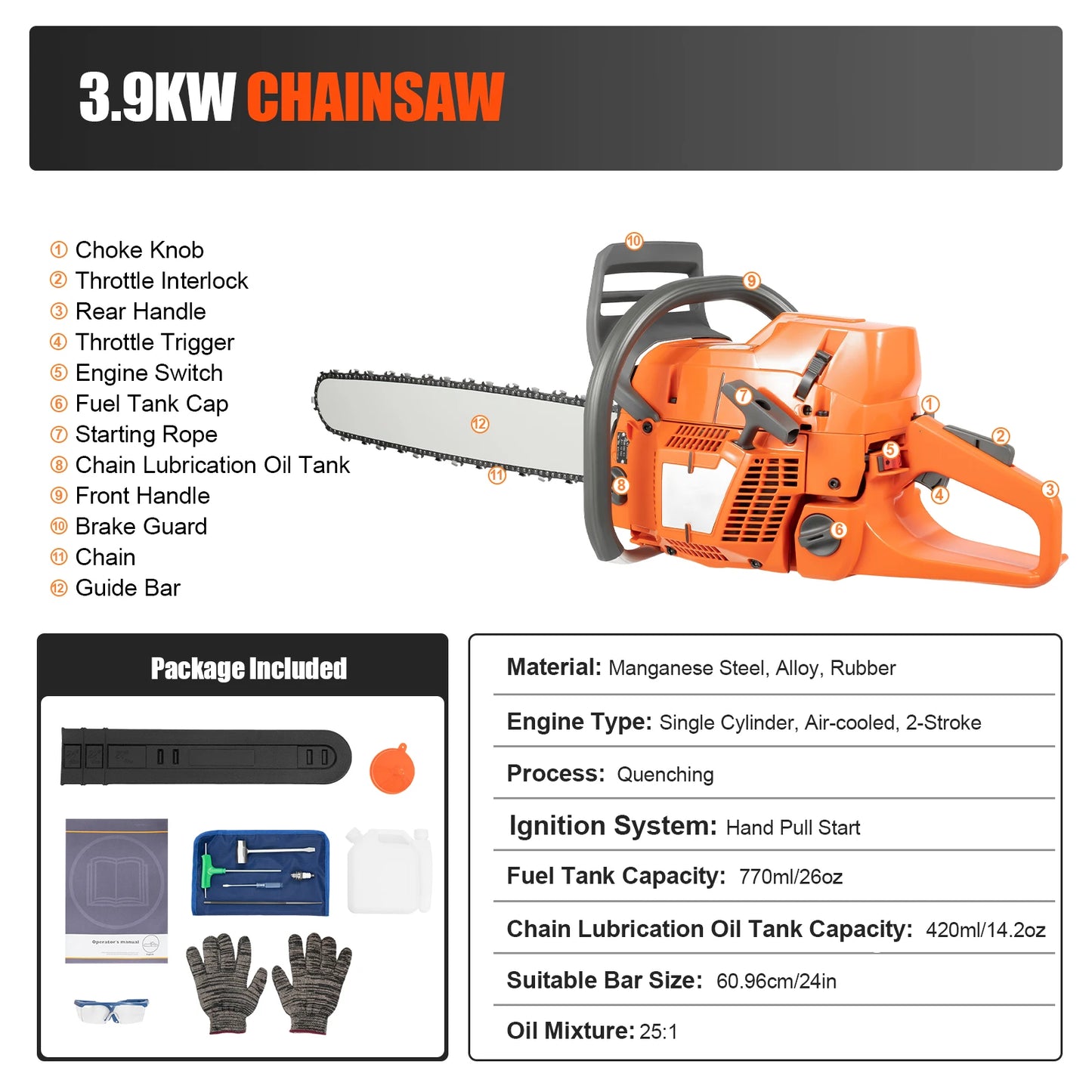 24 Inch Gas Chainsaw 72CC 3900W 2-Stroke Handheld Cordless Orange Chain Saws for Wood Cut