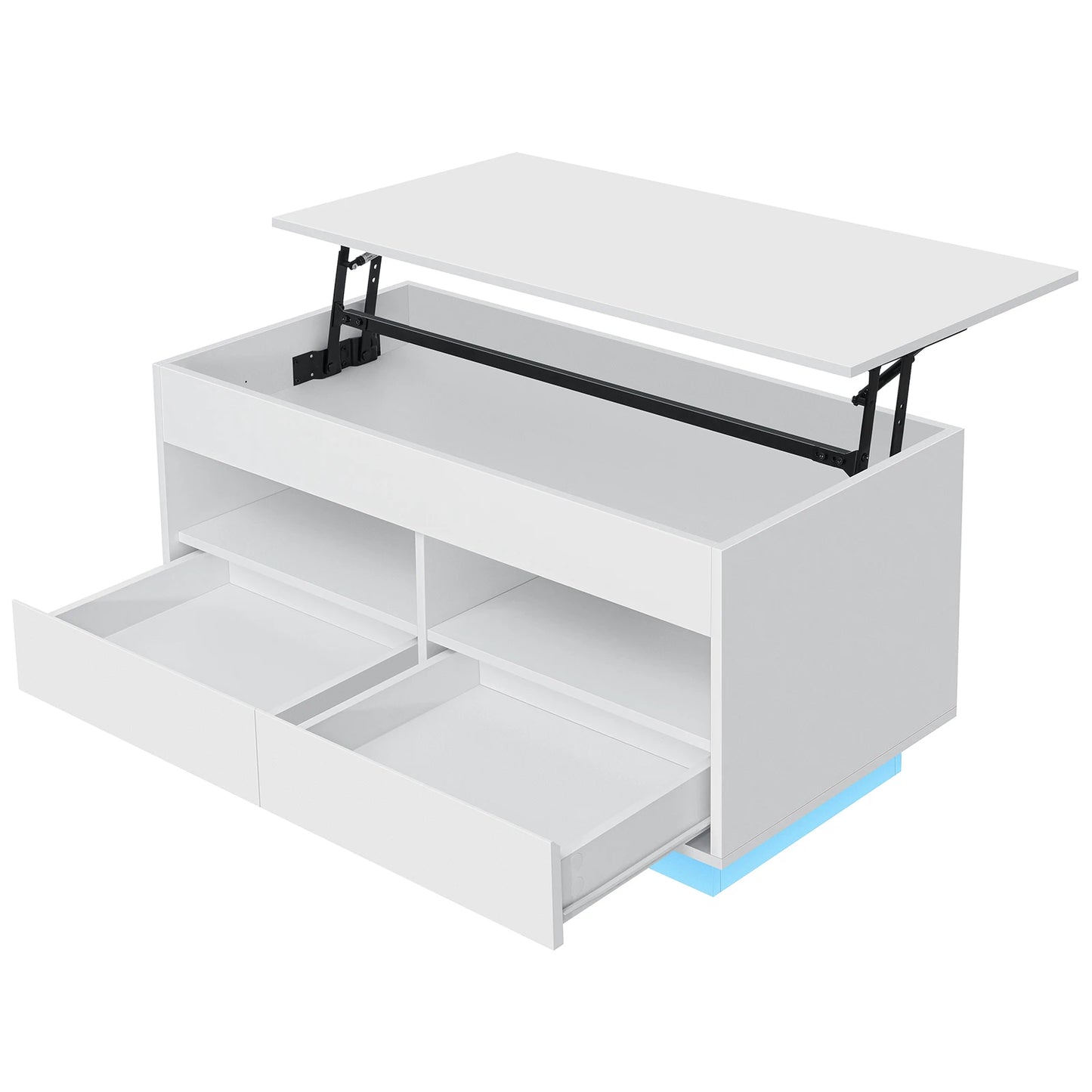 LED Lift Top Coffee Table with RGB Lights 2 Drawers USB Power Versatile Storage Compartment Adjustable Height Living Room Table