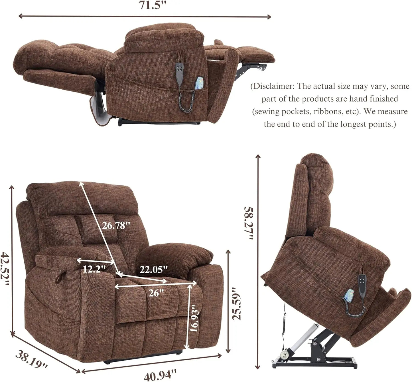 Oversized Power Lift Recliner for Elderly - Infinite Position Lay Flat Lift Chair with Heat & Massage Lumbar Pillow Cup Holders