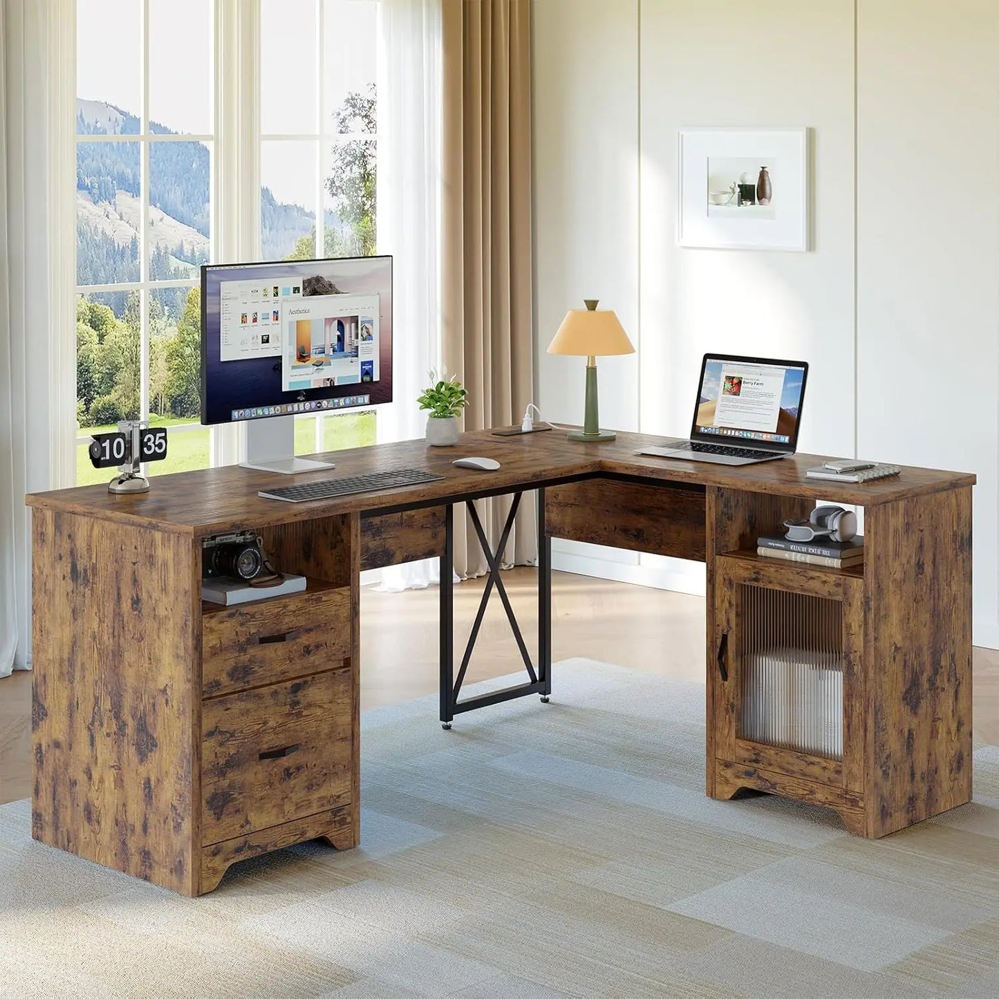 HUANZHUANG L Shaped Farmhouse Desk Hutch And Charging Station