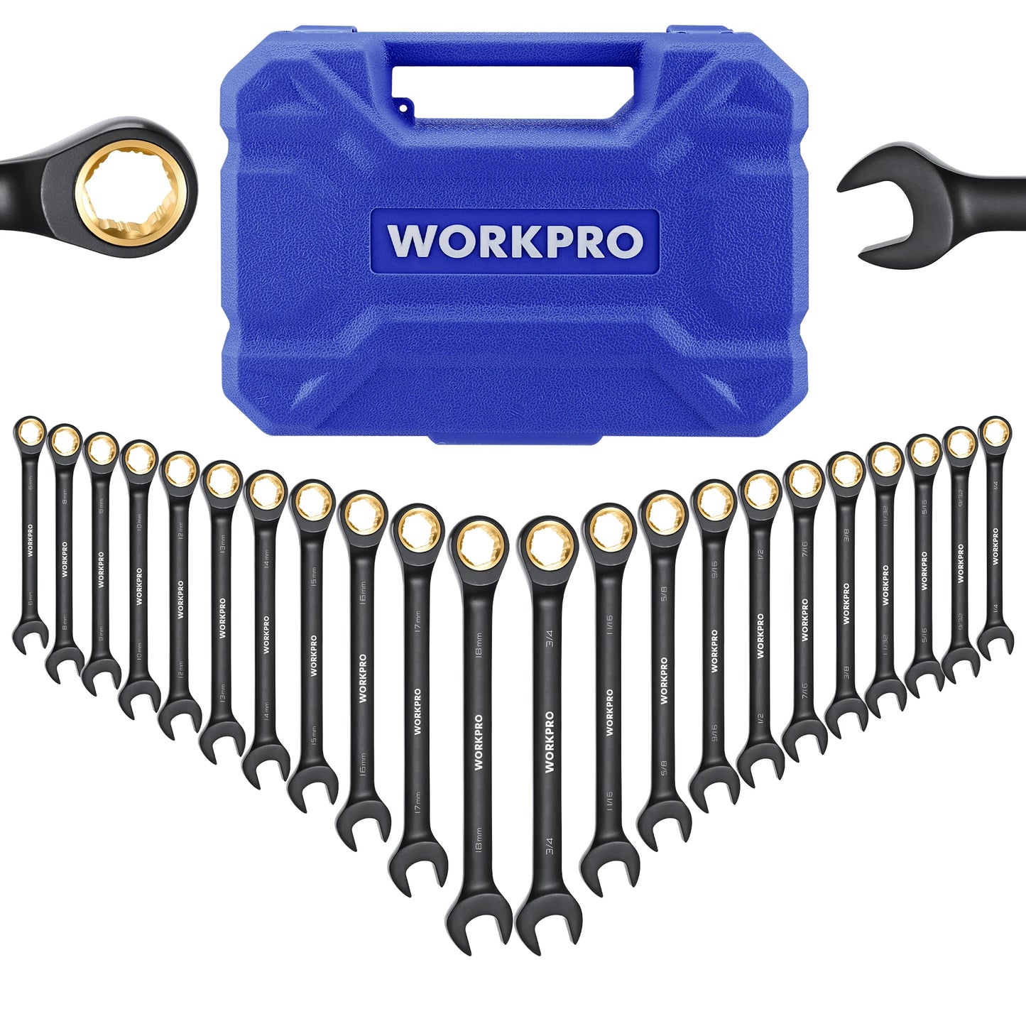 WORKPRO 22-Piece Ratcheting Wrench Set, Anti-slip Teeth, Ratchet Combination Wrench Sets with Organizer Box