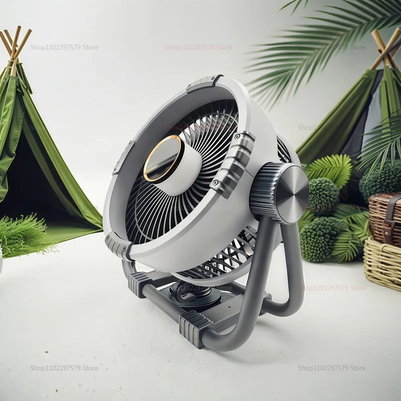 6-in-1 camping fan 20000mAh rechargeable battery portable outdoor fan 4-speed air circulator with hook LED light for camping