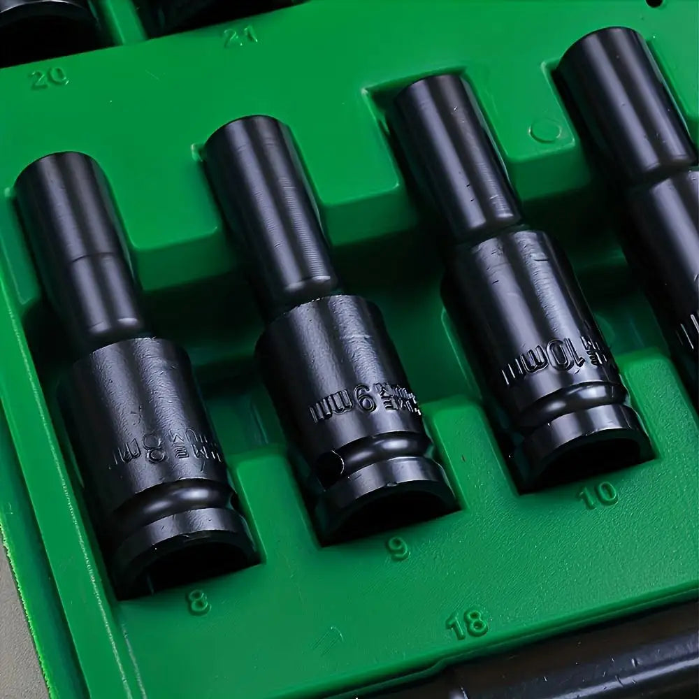 Heavy Duty 1/2 inch Drive Hex Sleeve Set - 20-Piece, 8-32mm Black Finish