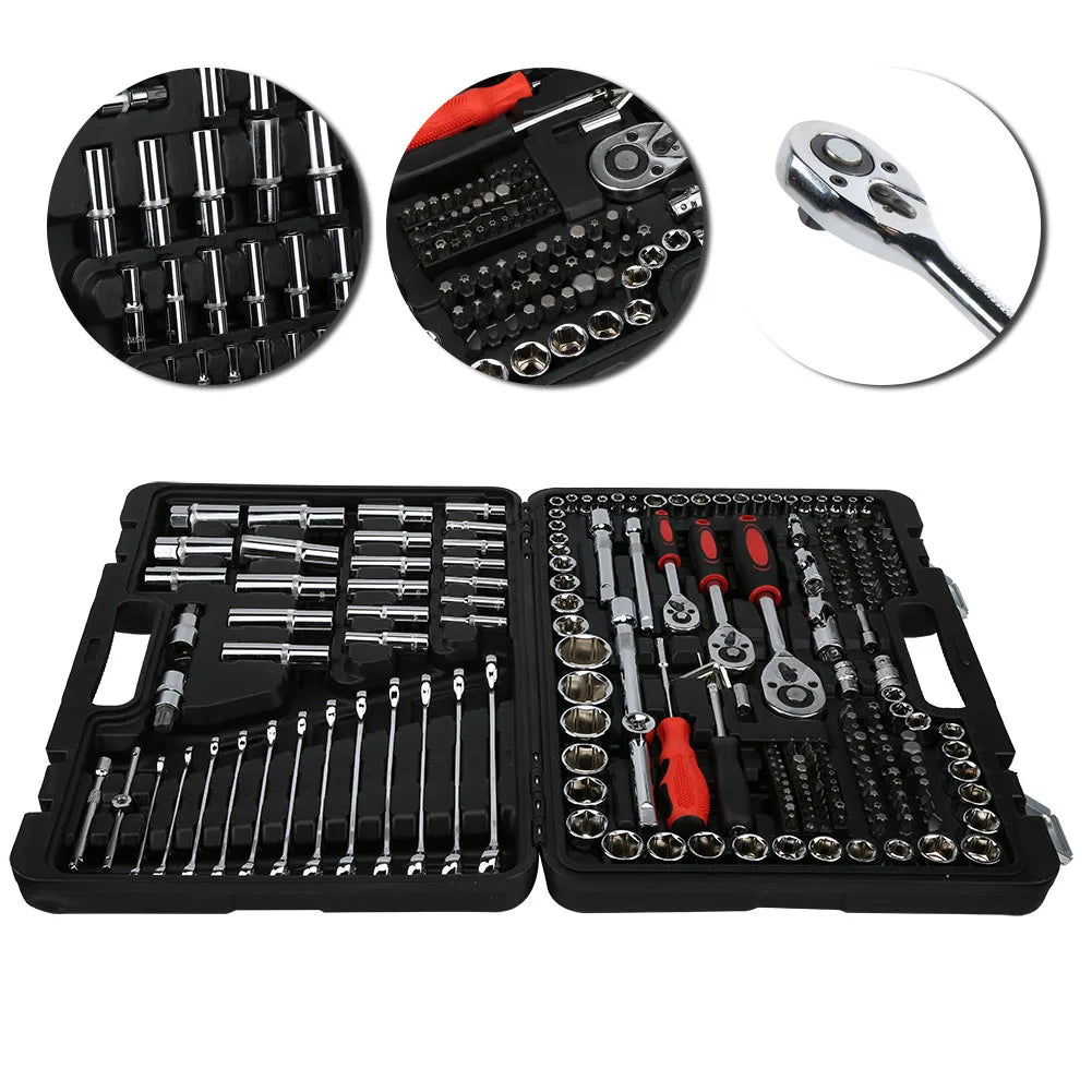 215Pcs Car DIY Repair Tool Kit 1/4in 3/8in 1/2in Socket Sets Ratchet Torque Wrench Combo Auto Repairing Sets Mechanic Tool