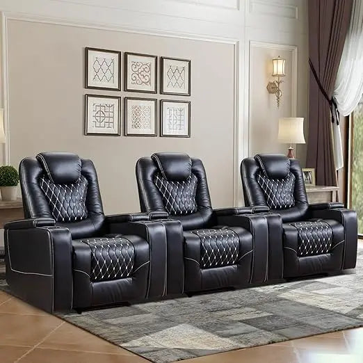 Recliner Chair, Electric Soft Leather Reclining Home Theater Seating - USB Ports, Cup Holders, Hidden Arm Storag