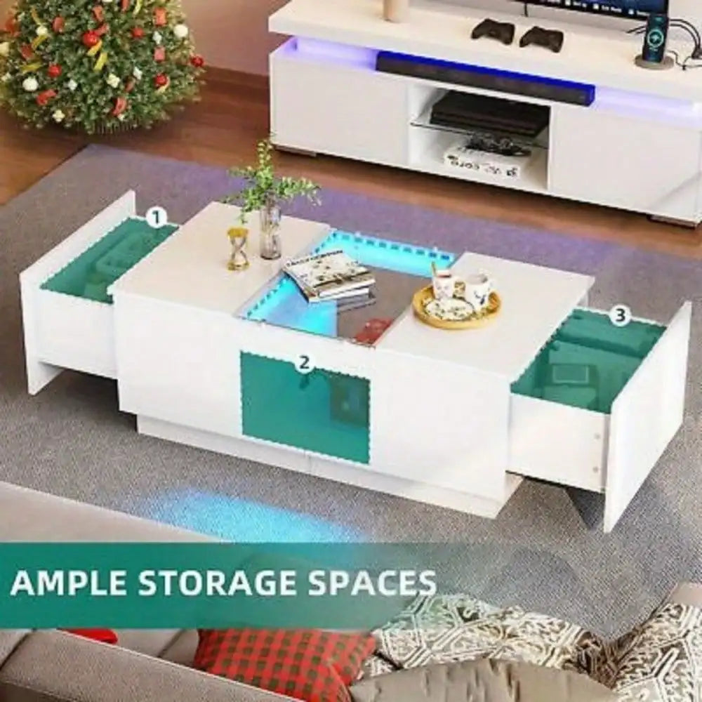 Modern LED Coffee Table with Power Outlets White 2 Drawers Living Room Table