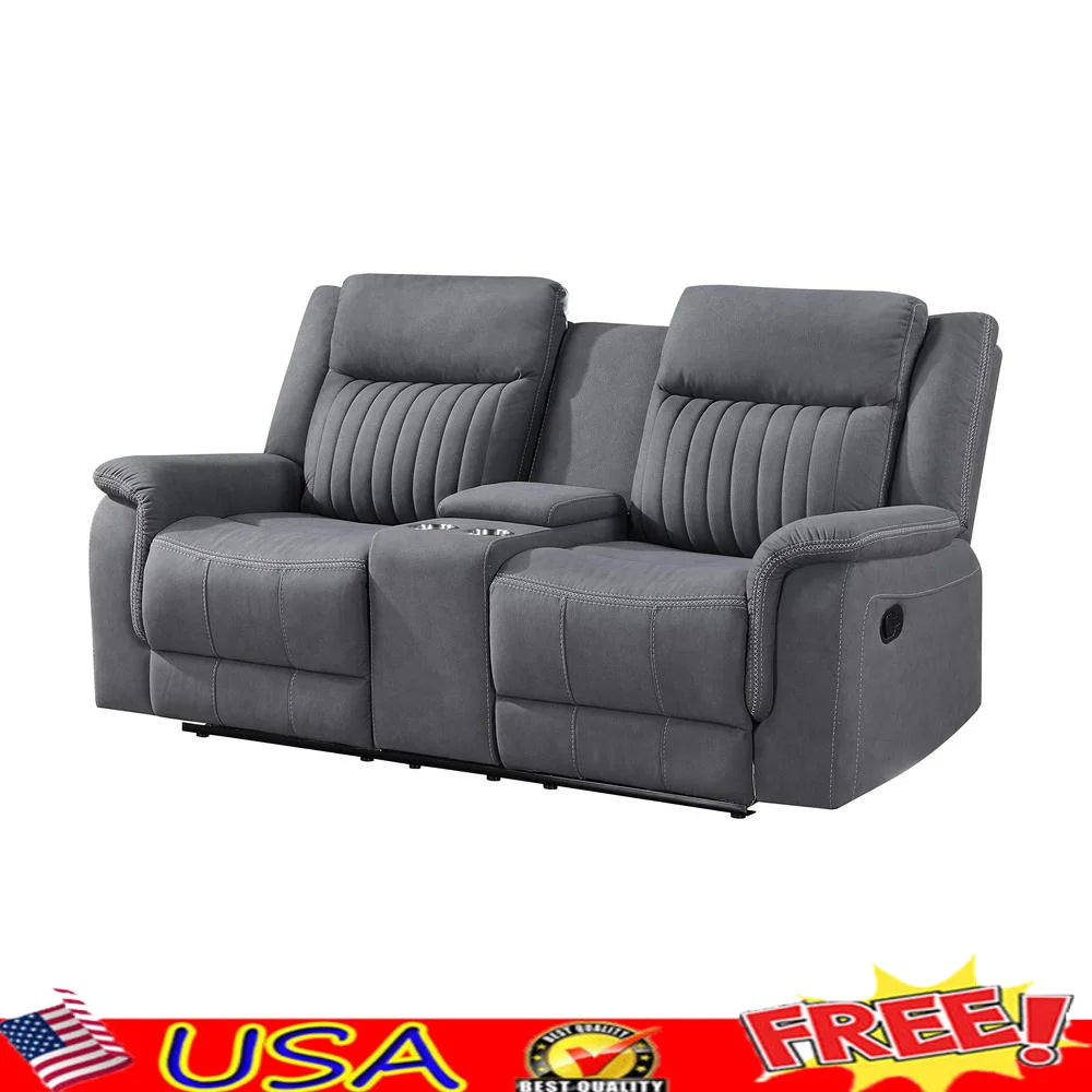 Double Recliner Sofa Manual Wall Hugger Home Theater Seating Polished Microfiber Reclining Loveseat Sturdy Metal Frame Deep