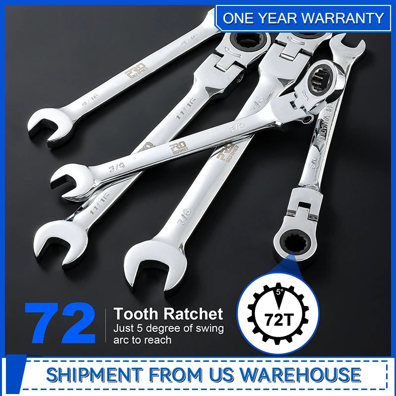 14-Piece SAE Flex-Head Ratcheting Wrench Set 1/4 to 1 with Storage Case 72 Tooth Cr-V Steel Constructed By Prostormer