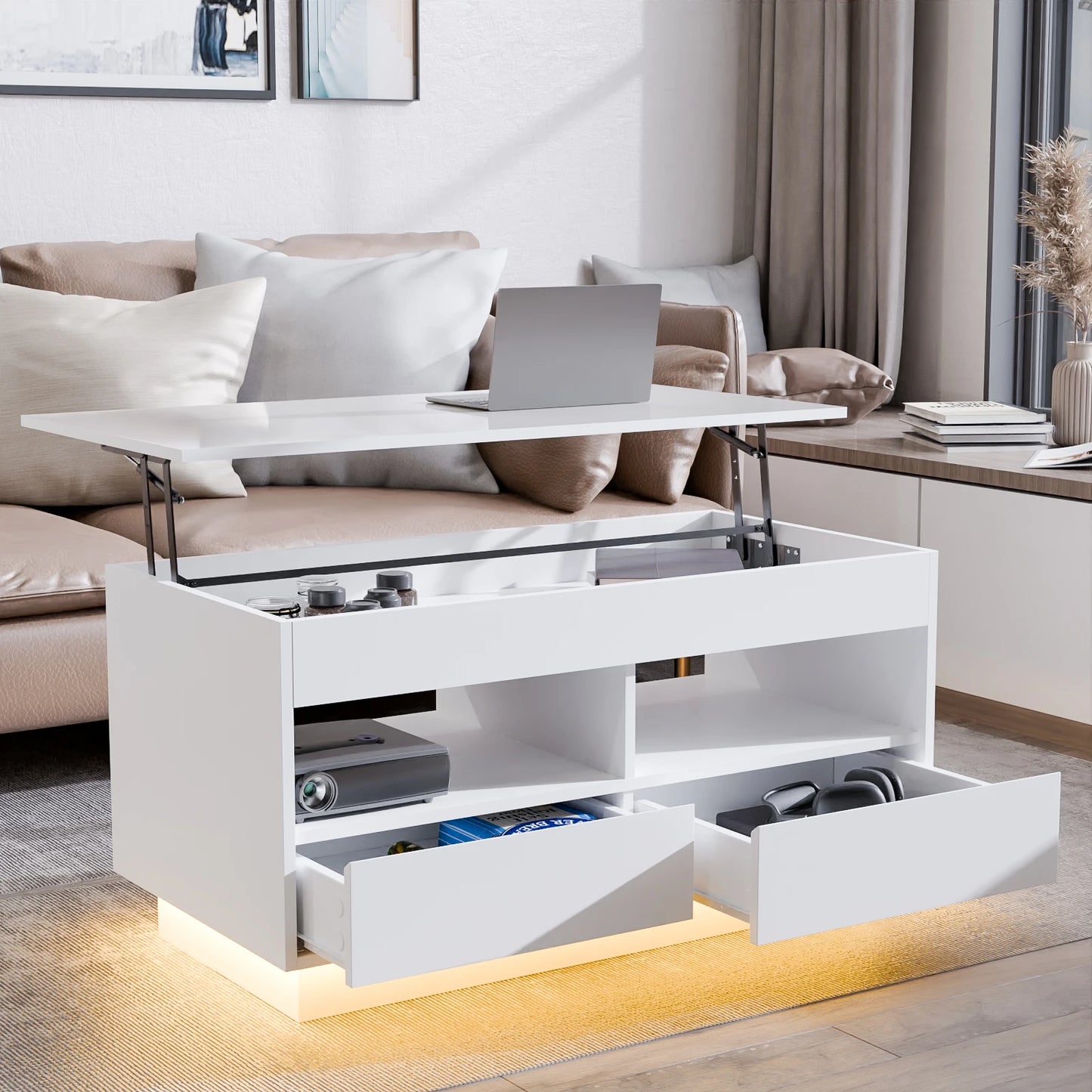 LED Lift Top Coffee Table with RGB Lights 2 Drawers USB Power Versatile Storage Compartment Adjustable Height Living Room Table