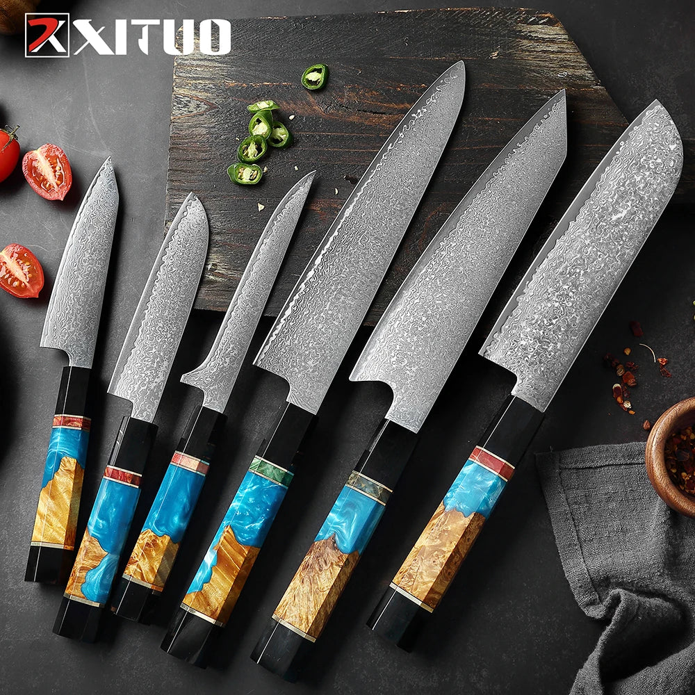 XITUO Damascus Steel Knife Set 1-5Pcs,Japanese Chef Knife,Super Sharp Kitchen Knives with Black Cow Horn Octagonal Handle