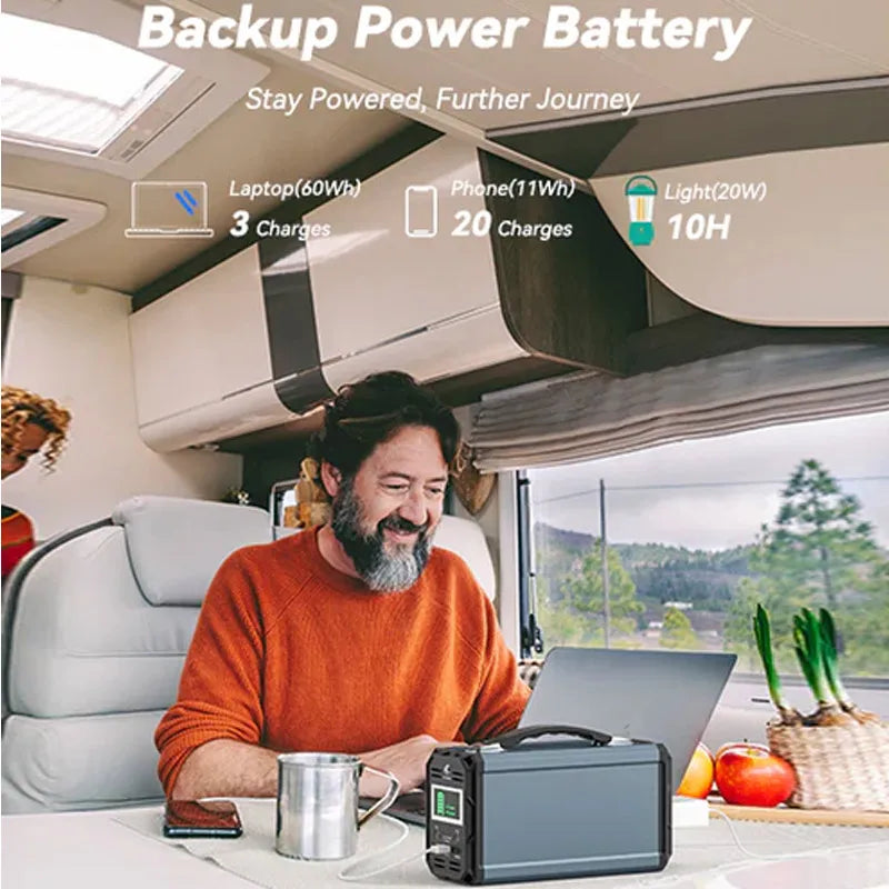 240V portable power station equipped with a 350W60000mAh generator and 60W foldable solar panels for family camping trips
