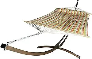 15 Ft. Indoor/Outdoor Heavy Duty Textured Bronze Steel Arc Hammock Stand w/Premium Quilted Hammock Bed. (Beige)