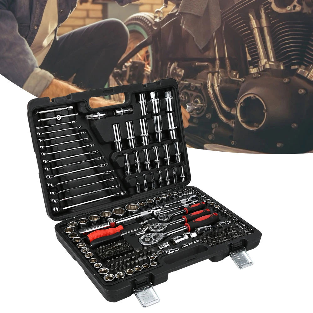 215Pcs Car DIY Repair Tool Kit 1/4in 3/8in 1/2in Socket Sets Ratchet Torque Wrench Combo Auto Repairing Sets Mechanic Tool