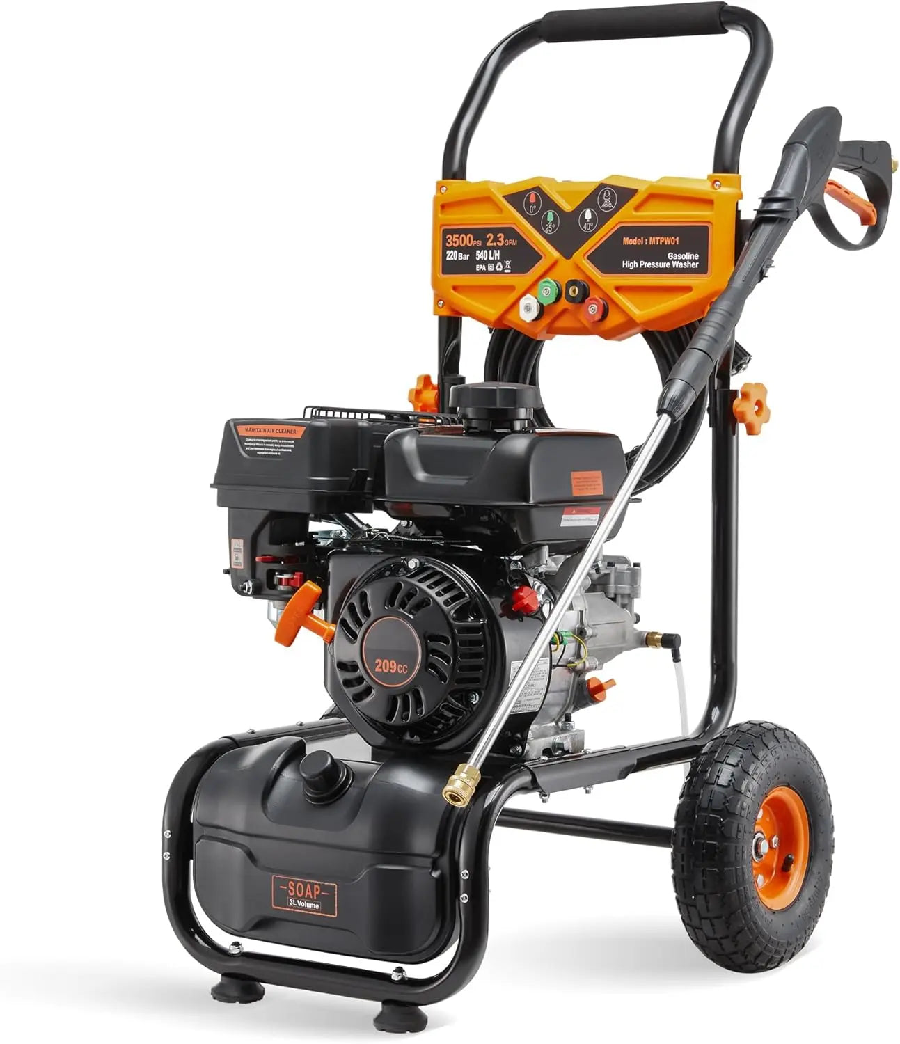 3500PSI Gas Pressure Washer, 2.3GPM Gas Powered High Pressure Washer with 209CC Engine, 4 Adjustable Nozzles, 25 ft High