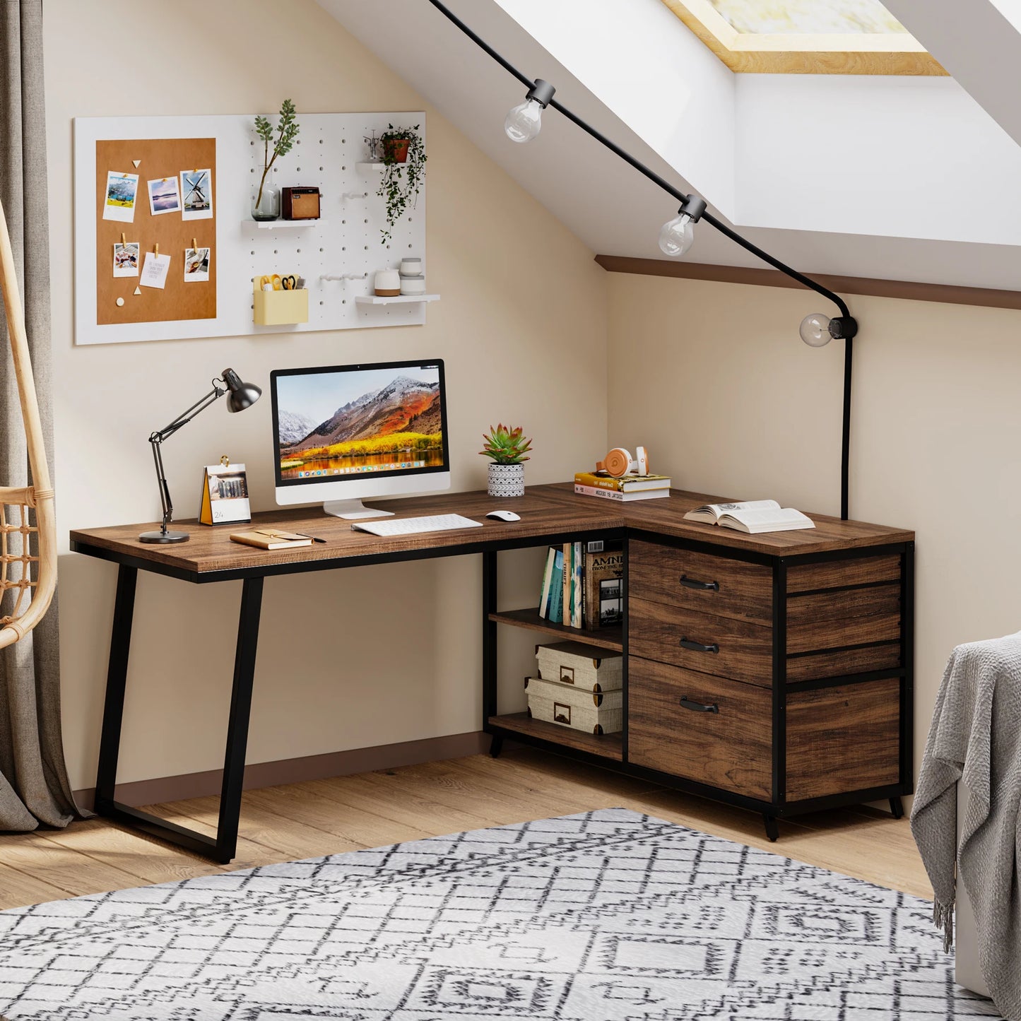 L-Shaped Computer Desk with 3 Reversable Side Drawers