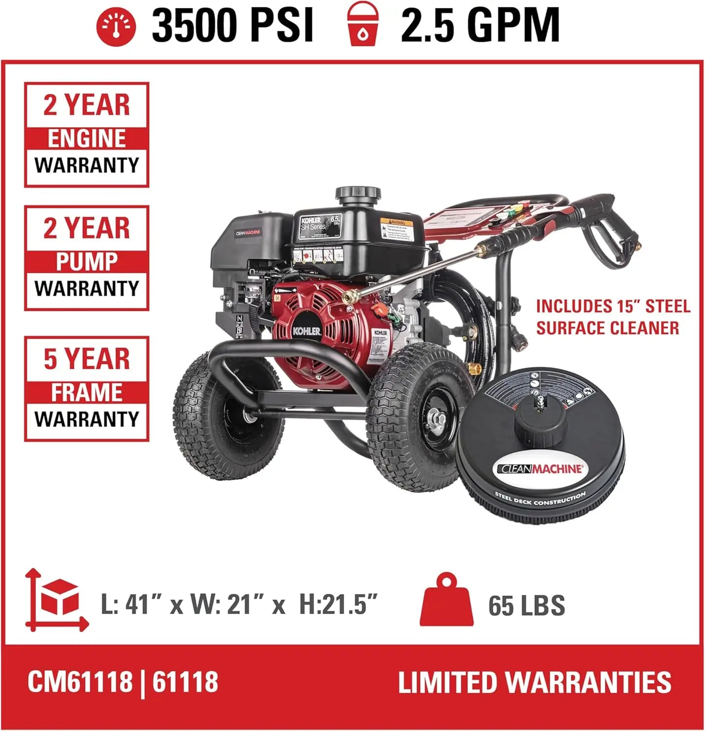 Clean Machine 3500 PSI Gas Pressure Washer, 2.5 GPM, Includes Spray Gun 15-Inch Surface Cleaner 5/16-in. x 25-ft. MorFlex Hose