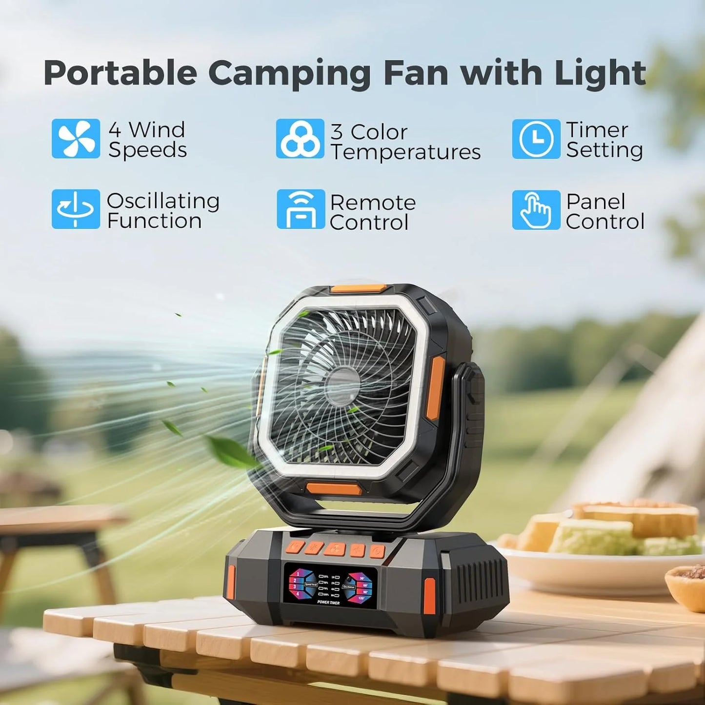 40000mAh Camping Fan Rechargeable Desktop Portable Air Circulator Wireless Ceiling Electric Fan with Power Bank LED Lighting