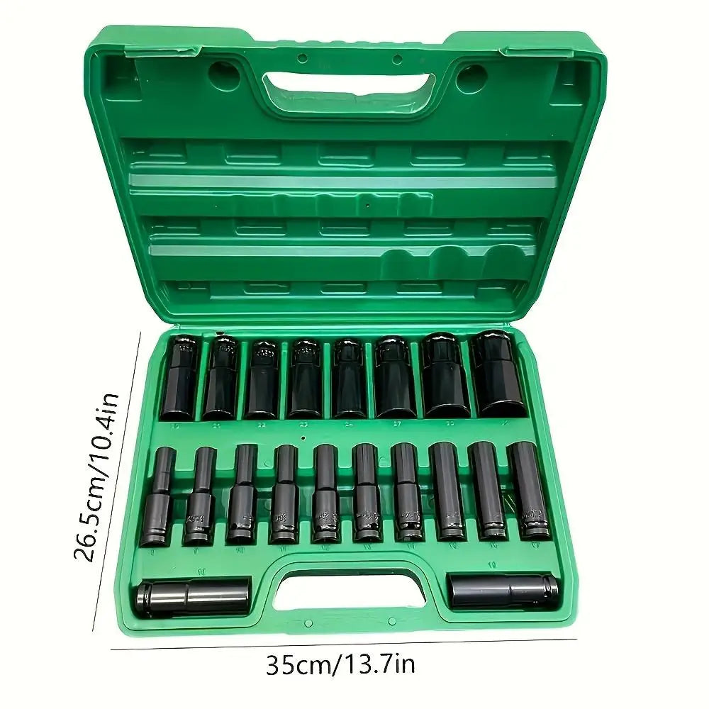 Heavy Duty 1/2 inch Drive Hex Sleeve Set - 20-Piece, 8-32mm Black Finish