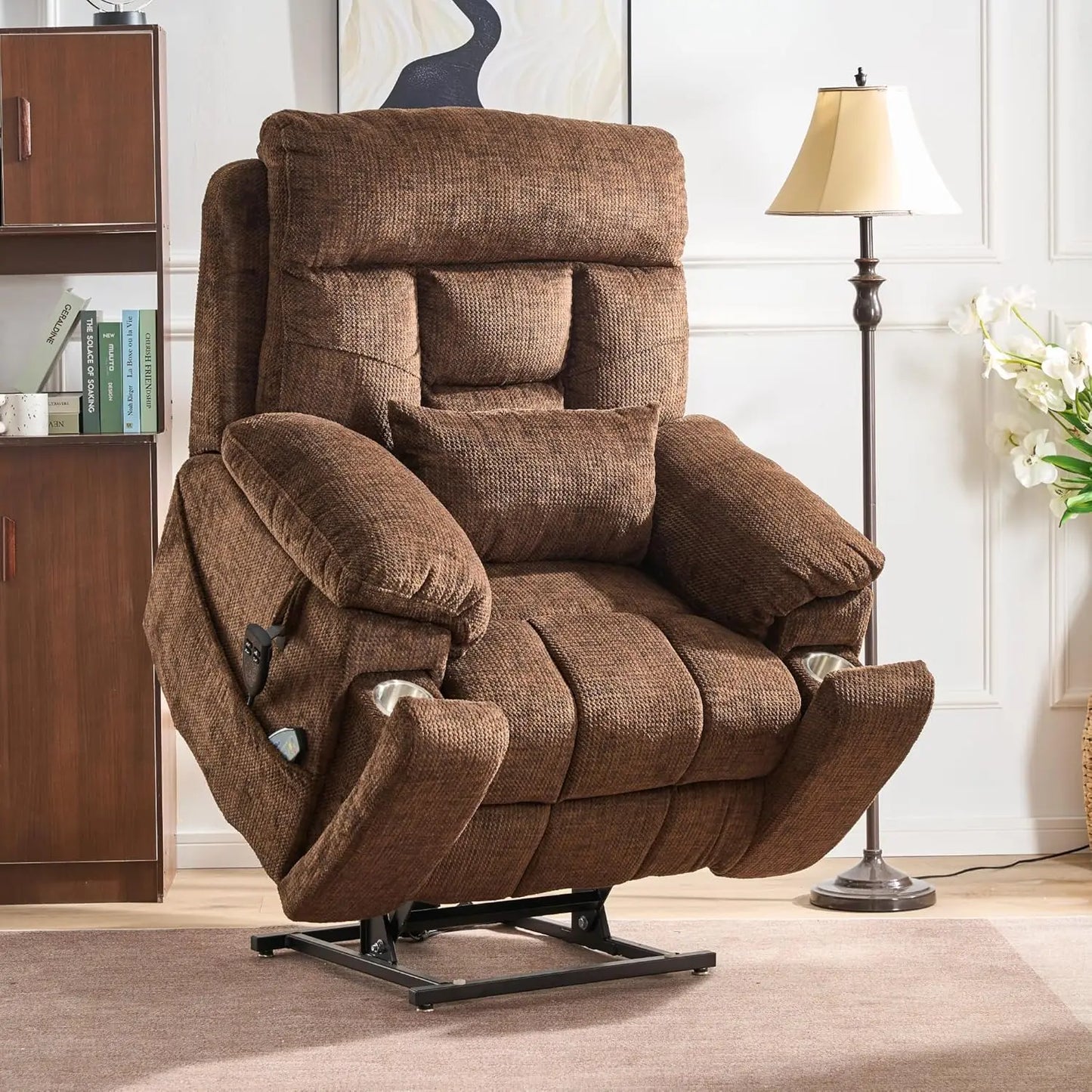 Oversized Power Lift Recliner for Elderly - Infinite Position Lay Flat Lift Chair with Heat & Massage Lumbar Pillow Cup Holders