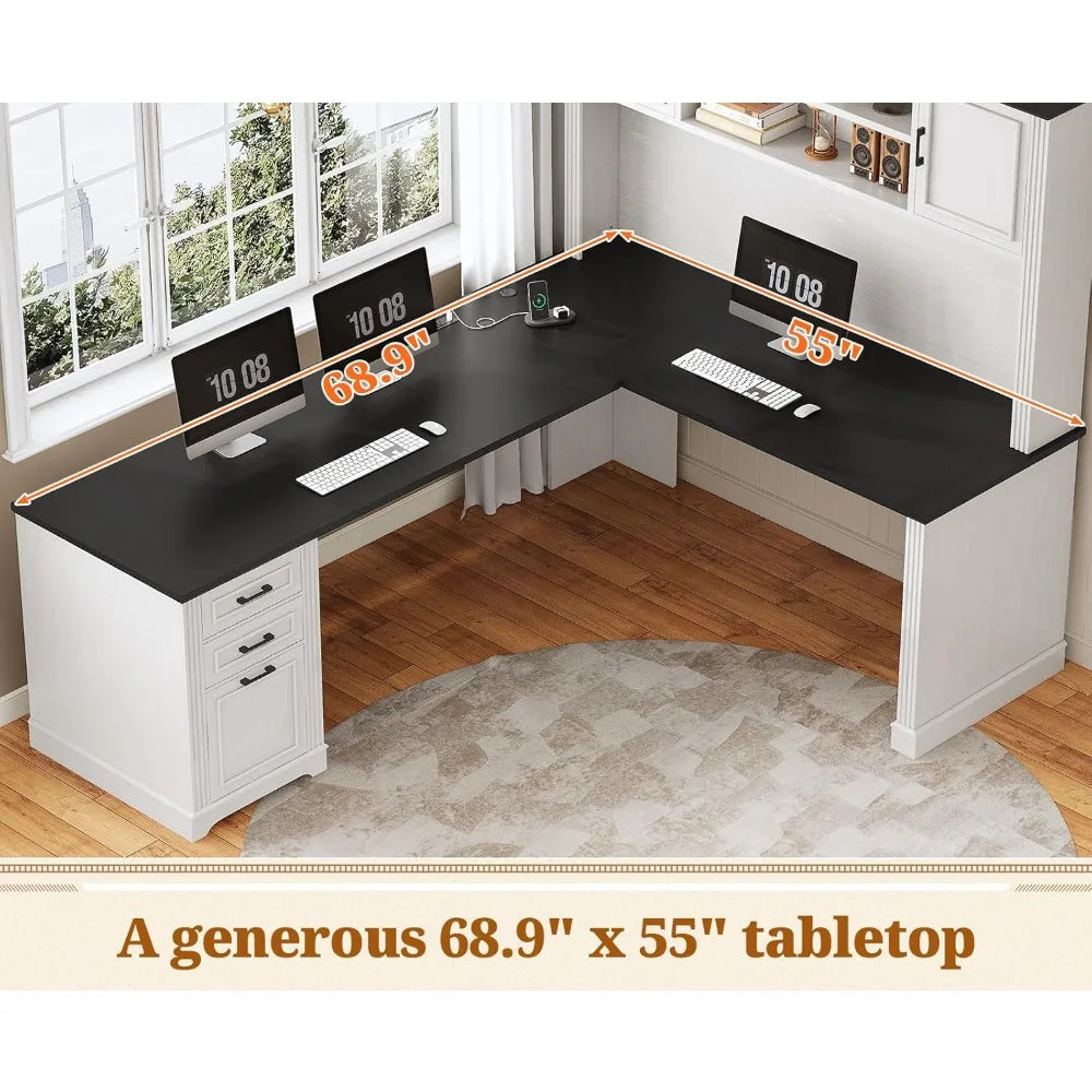 MKDK Farmhouse L Shaped Desk With Hutch And Drawers