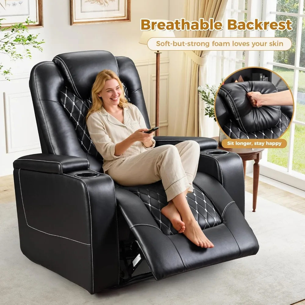 Recliner Chair, Electric Soft Leather Reclining Home Theater Seating - USB Ports, Cup Holders, Hidden Arm Storag