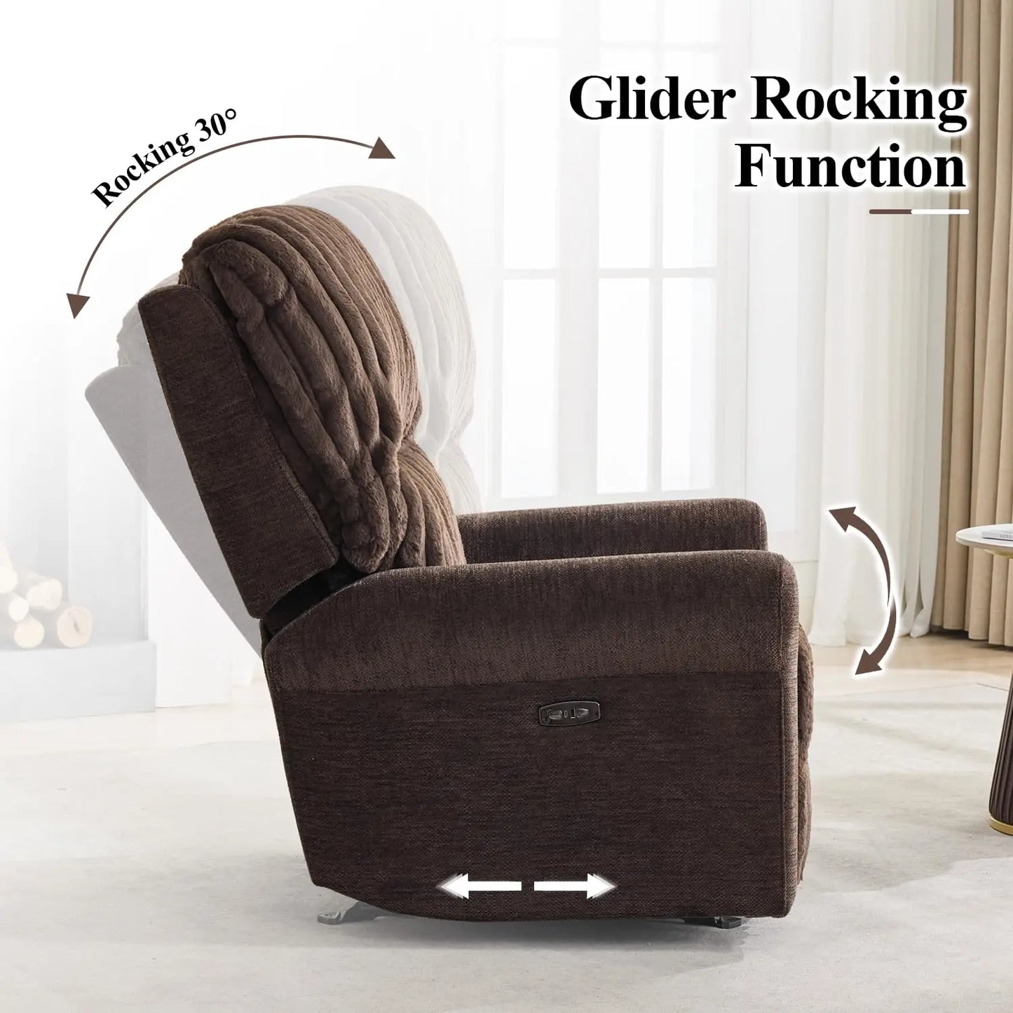 Power Glider Recliner Chair, Faux Fur Reclining Rocking Chair, Single Power Rocker Chair with USB Port, Type-C,