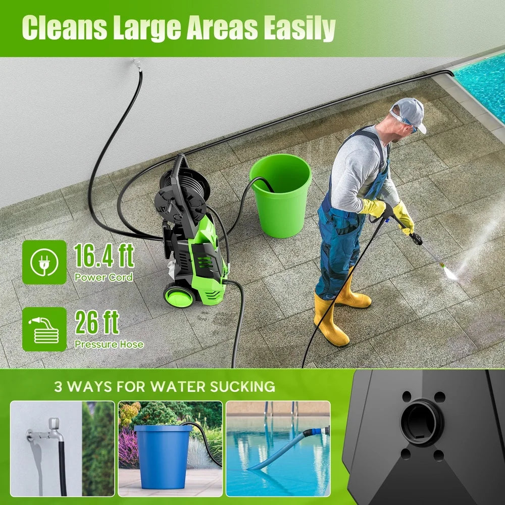 3000 PSI Electric Pressure Washer 2000W Motor 2.0 GPM 5 Nozzles Auto Stop Thermal Protection Easy Mobility Cars Homes Decks