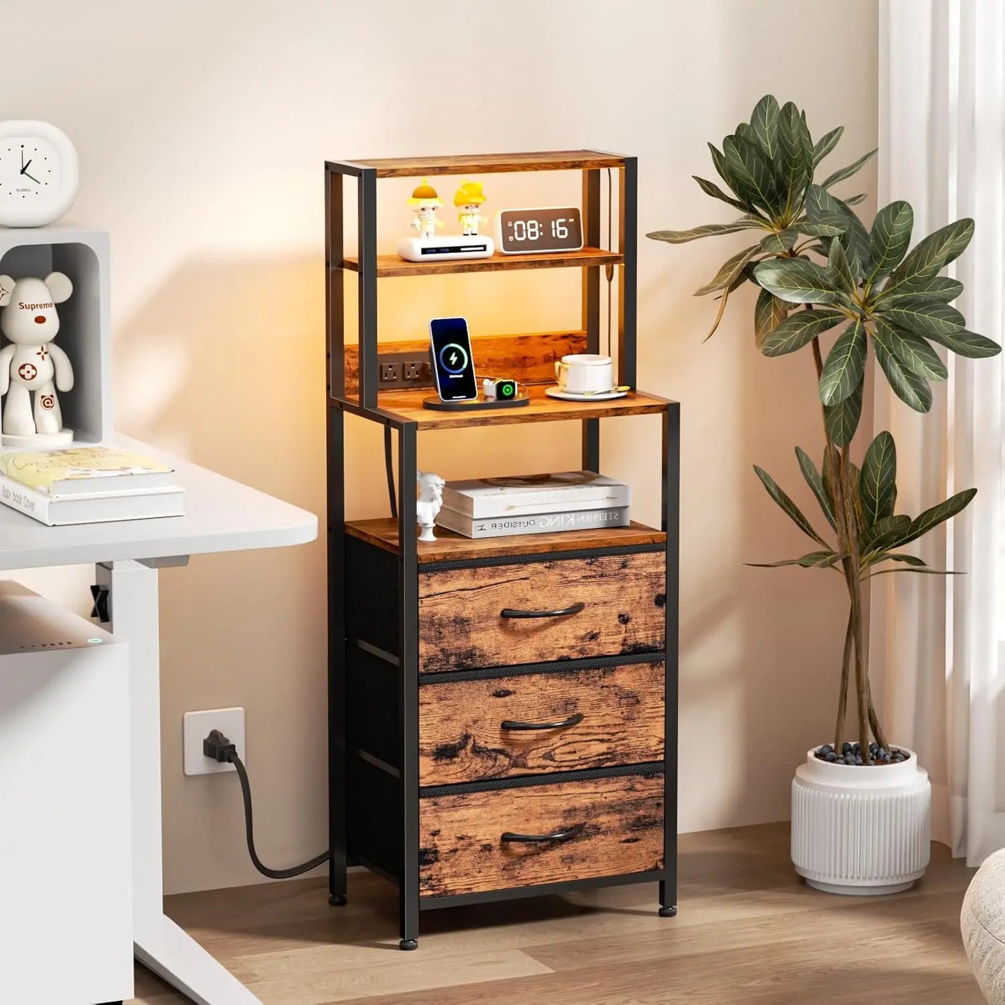 Drawer Nightstand With Shelves Fabric Drawers And Charging Station