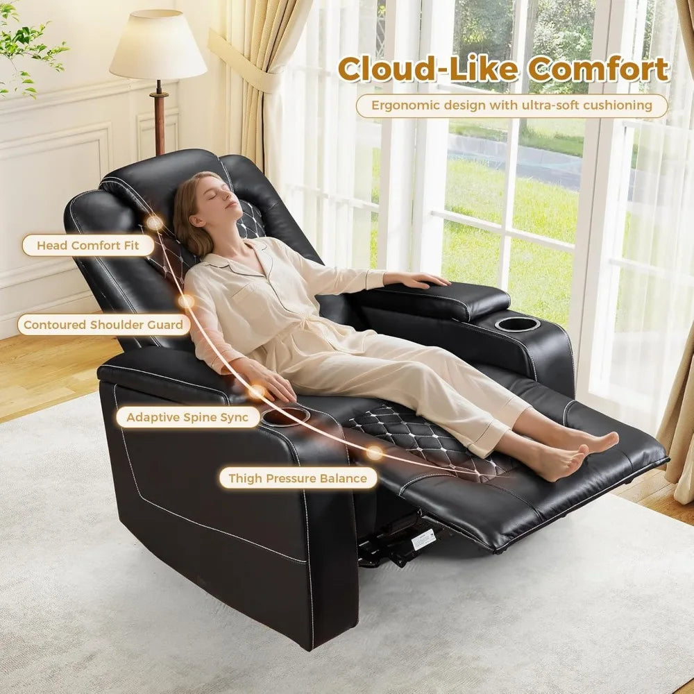 Recliner Chair, Electric Soft Leather Reclining Home Theater Seating - USB Ports, Cup Holders, Hidden Arm Storag