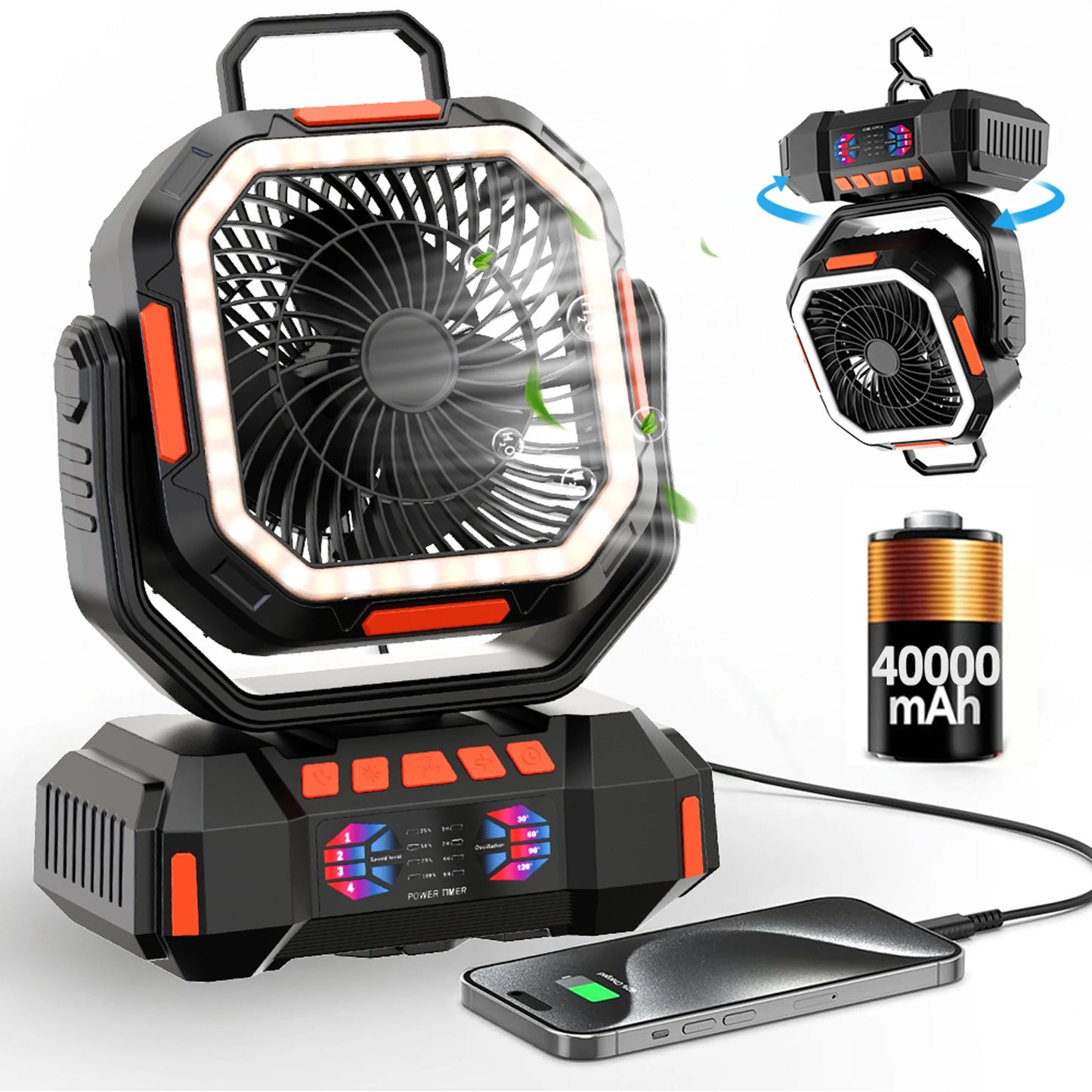 2025 Portable Wireless Fan 40000mAh Camping Fan Rechargeable Table Fan Travel Tent Fan Air Circulator Tents Outdoor Electric Fan