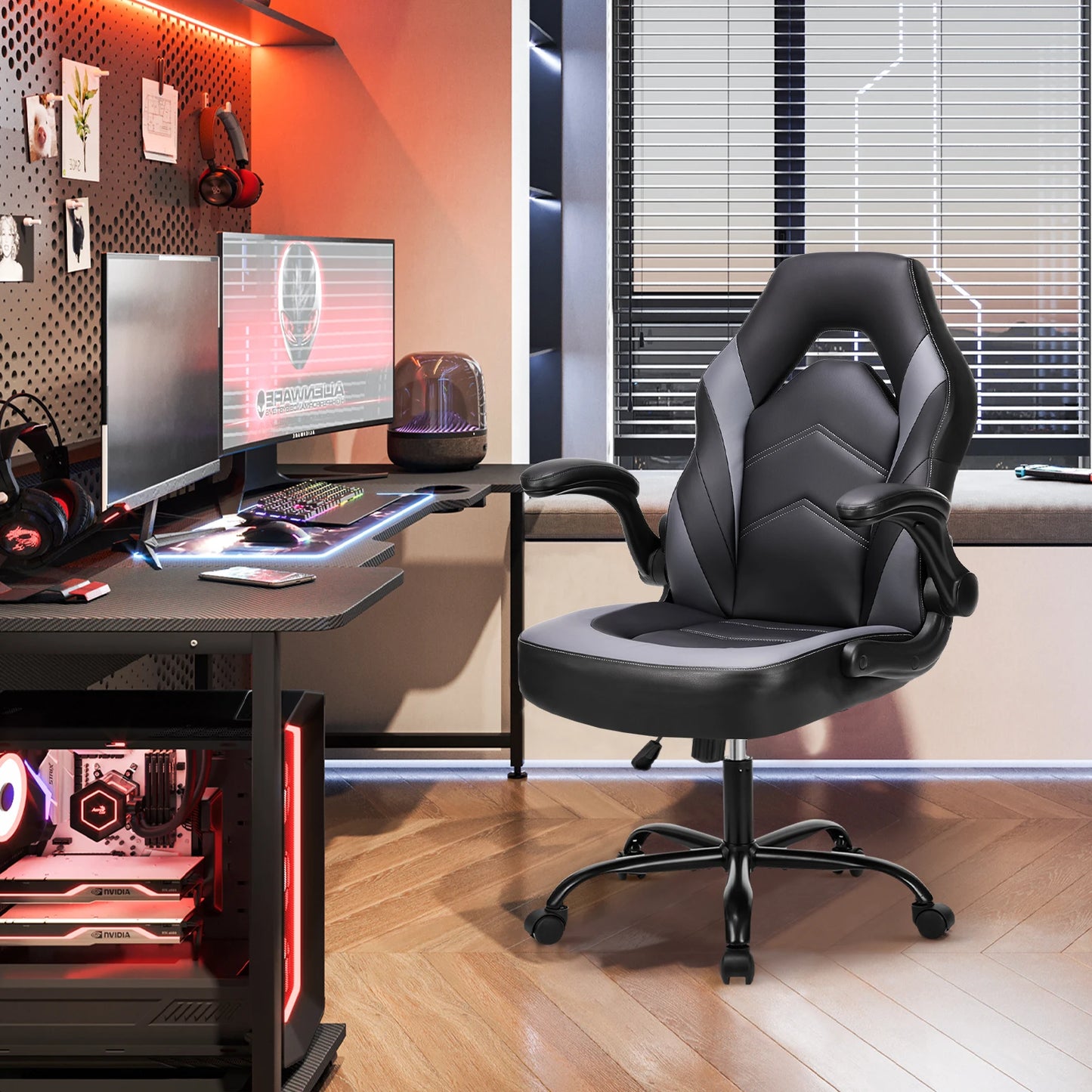JHK Ergonomic Office Gaming Desk Chair Adjustable PU Leather Racing Chair with Flip-Up Armrests for Home and Office Use