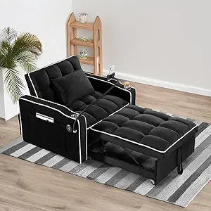 3 in 1 Convertible Sleeper Chair Bed with USB Ports, Cup Holder and Phone Stand, Velvet Pull Out Futon Sofa Beds, Adjustable Bac