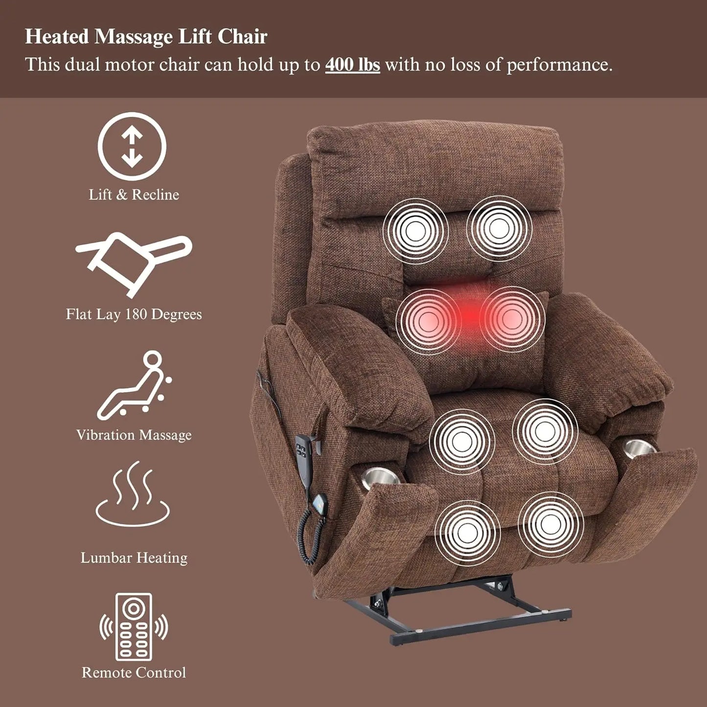 Oversized Power Lift Recliner for Elderly - Infinite Position Lay Flat Lift Chair with Heat & Massage Lumbar Pillow Cup Holders