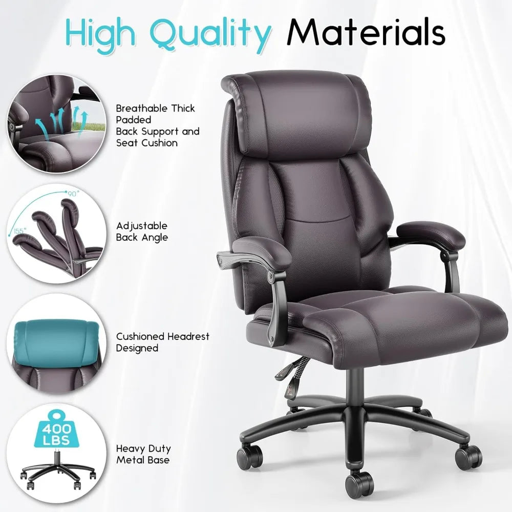 Reclining Office Chair High Back Big and Tall Desk Chair 400lbs Wide Seat Leather Executive Computer Chair with Lumbar Support