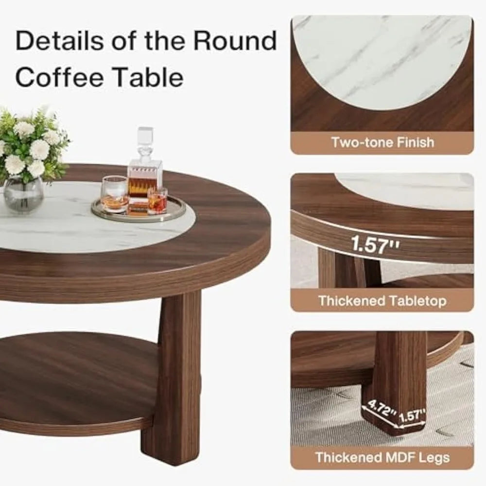 Coffee Table, 2-Tier Round Coffee Table with Heavy-Duty Wood