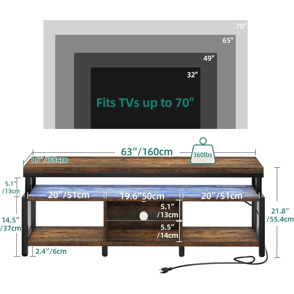 LED Television Stands w/Power Outlets for 70/65 inch, Modern Industrial TV Stand, Entertainment Center w/Open Storage, Entertai